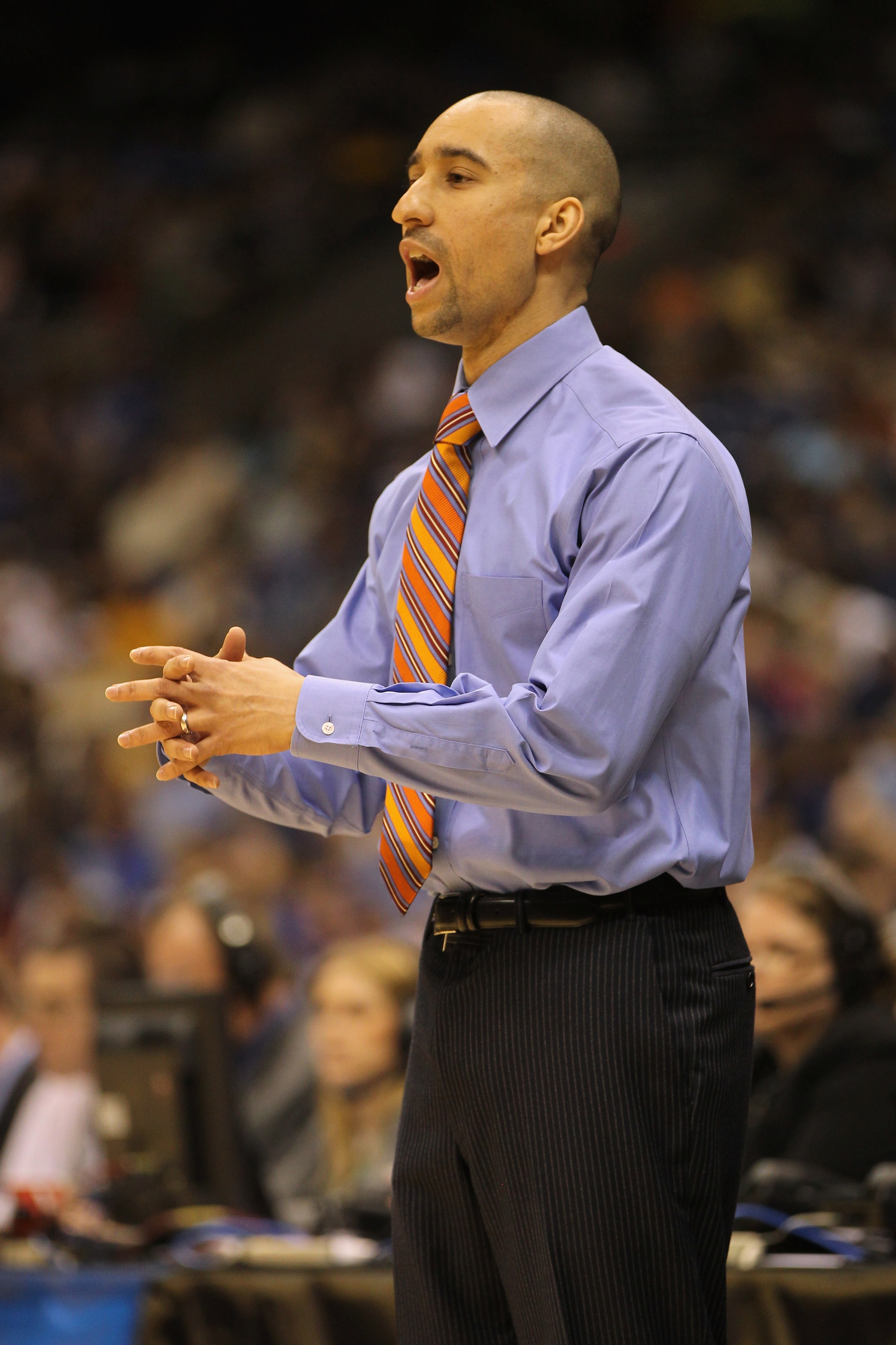 SAN ANTONIO, TX - MARCH 27:  Head coach Shaka Smart of the Virginia Commonwealth Rams reacts during the southwest regional final of the 2011 NCAA men's basketball tournament against the Kansas Jayhawks at the Alamodome on March 27, 2011 in San Antonio, Te