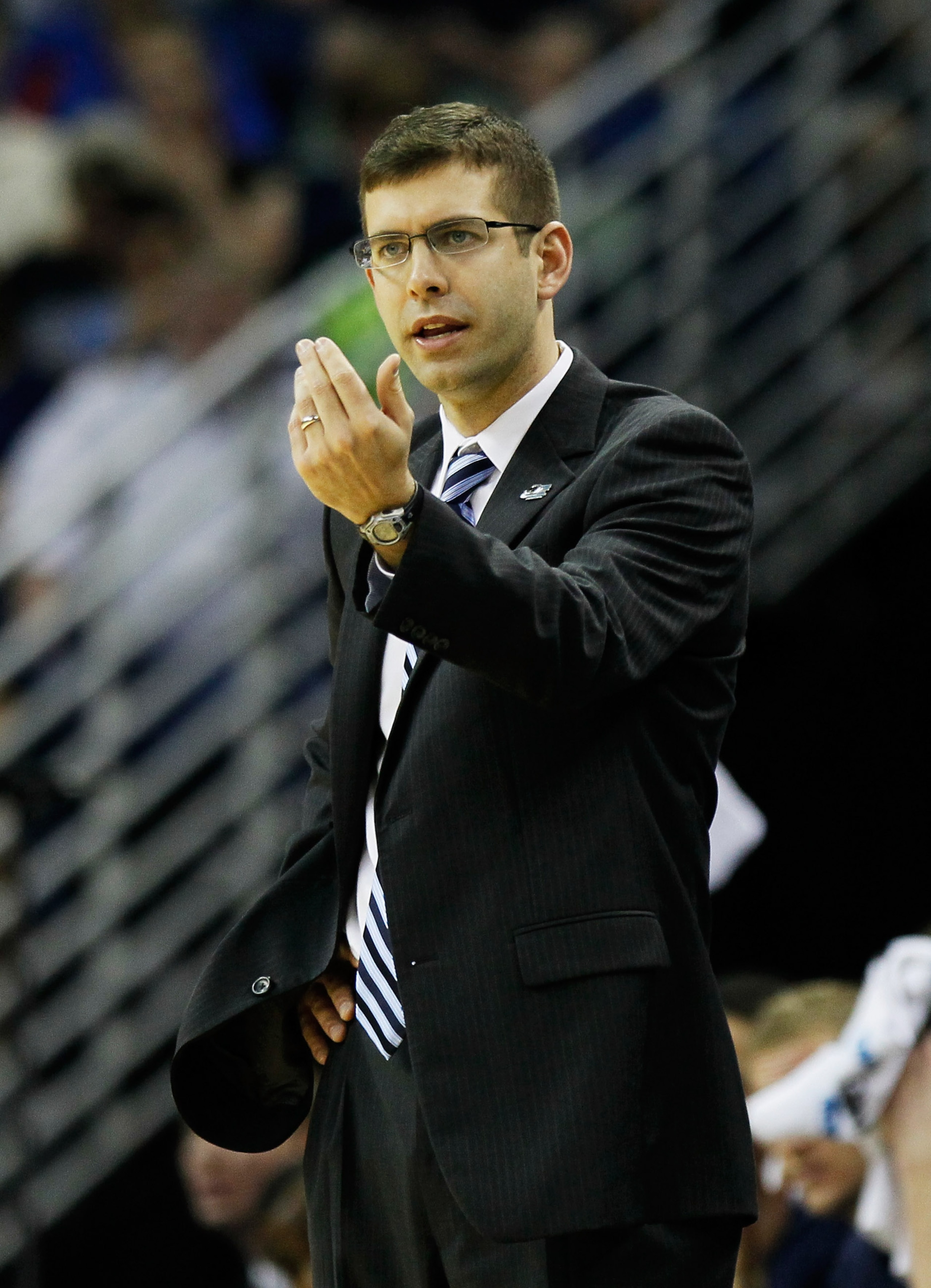 NEW ORLEANS, LA - MARCH 26:  Head coach Brad Stevens of the Butler Bulldogs reacts during their game against the Florida Gators in the Southeast regional final of the 2011 NCAA men's basketball tournament at New Orleans Arena on March 26, 2011 in New Orle