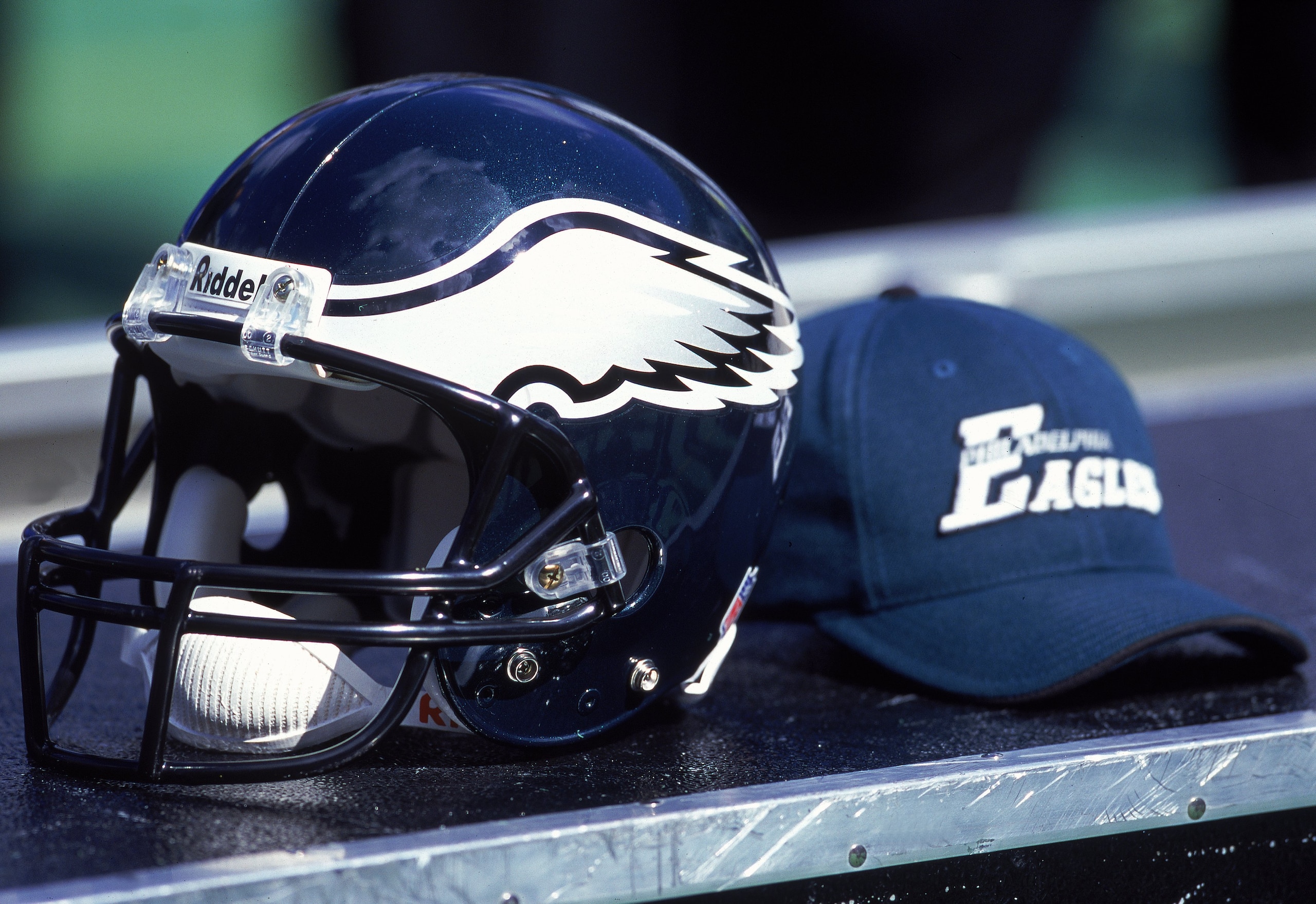 8 Oct 2000:  A general view of the Philadelphia Eagles helmet and team sports cap after the game against the Washington Redskins at the Veterans Stadium in Philadelphia, Pennsylvania. The Redskins defeated the Eagles 17-14.Mandatory Credit: Doug Pensinger
