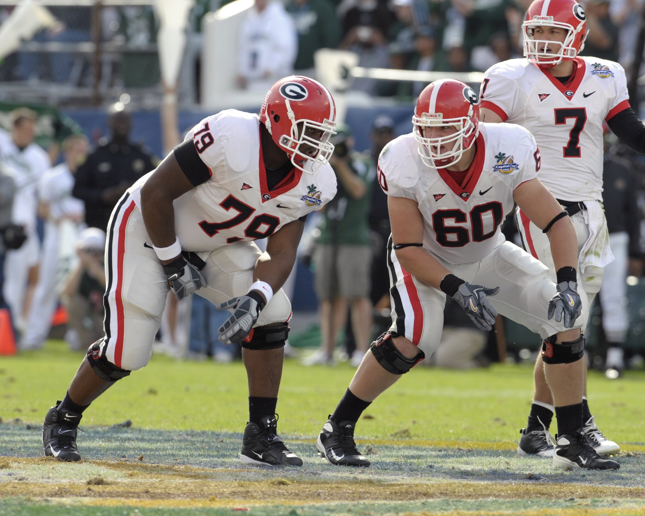 ORLANDO, FL - JANUARY 1: Tackles Justin Anderson #79 and Clint  Boling #60 of the University of Georgia set to block against the Michigan State Spartans at the 2009 Capital One Bowl at the Citrus Bowl on January 1, 2009 in Orlando, Florida.  (Photo by Al