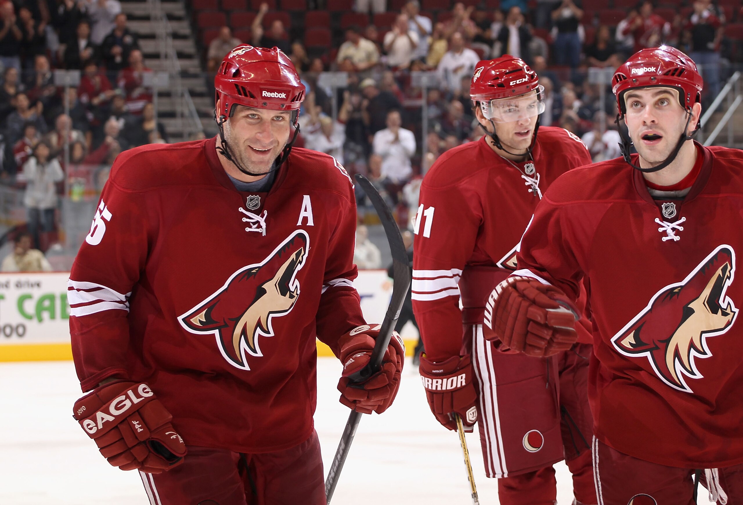 GLENDALE, AZ - NOVEMBER 03:  Ed Jovanovski #55 of the Phoenix Coyotes skates back to the bench after scoring his third goal of the night against the Nashville Predators during the third period of the NHL game at Jobing.com Arena on November 3, 2010 in Gle