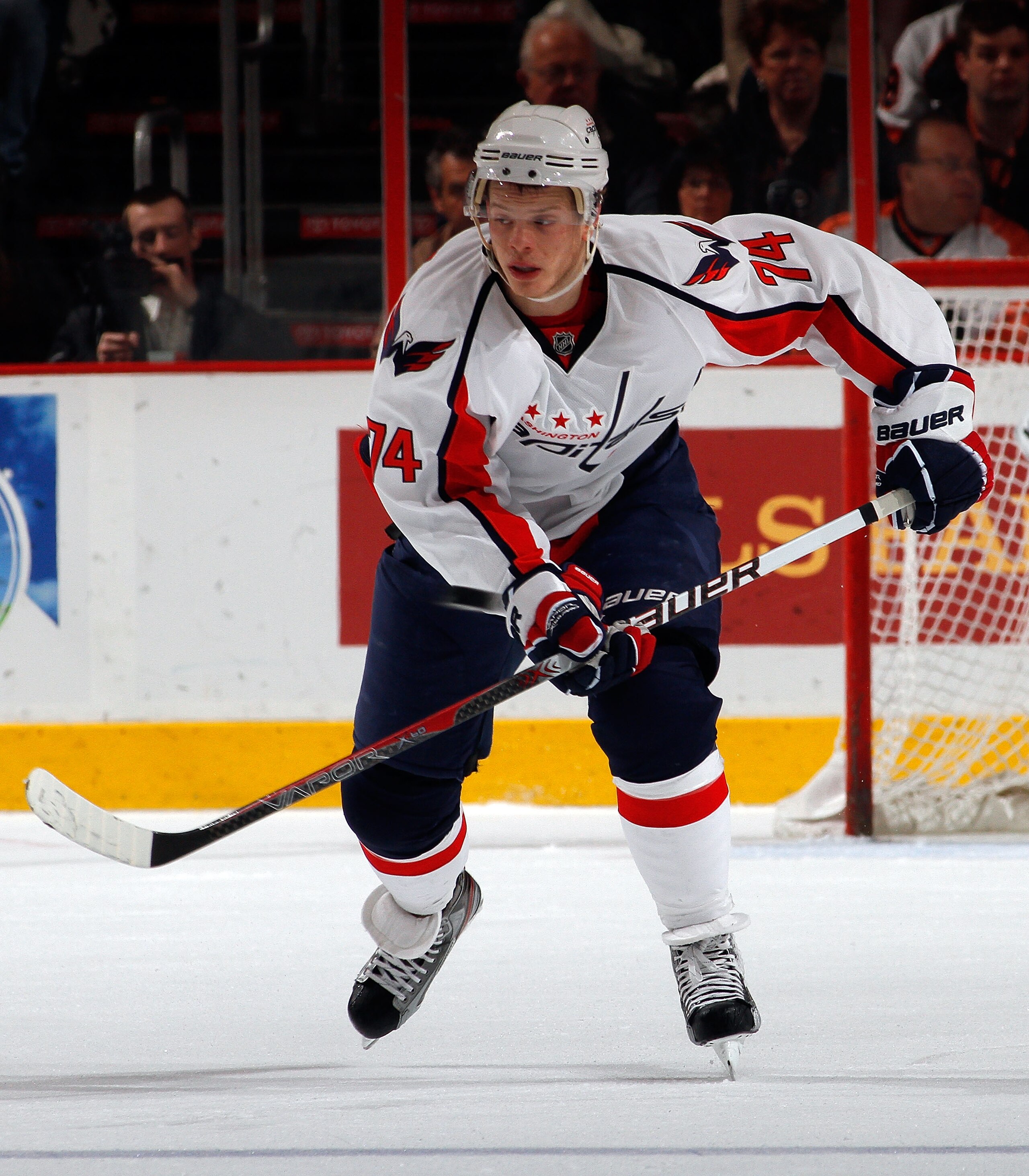 PHILADELPHIA, PA - MARCH 22:  John Carlson #74 of the Washington Capitals skates during an NHL hockey game against the Philadelphia Flyers at the Wells Fargo Center on March 22, 2011 in Philadelphia, Pennsylvania.  (Photo by Paul Bereswill/Getty Images)