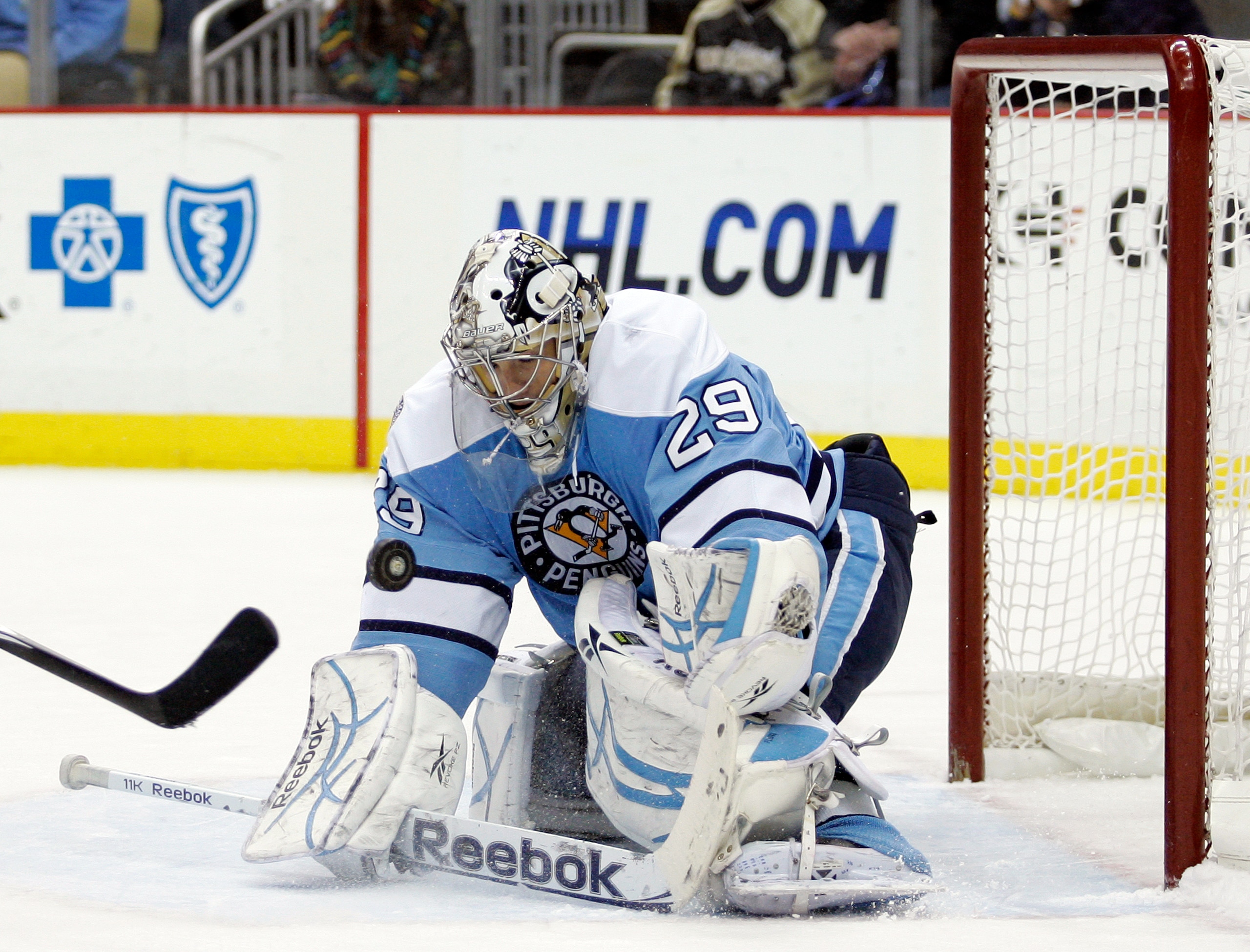 PITTSBURGH, PA - MARCH 27: Marc-Andre Fleury #29 of the Pittsburgh Penguins makes a save against the Florida Panthers at Consol Energy Center on March 27, 2011 in Pittsburgh, Pennsylvania. (Photo by Justin K. Aller/Getty Images)