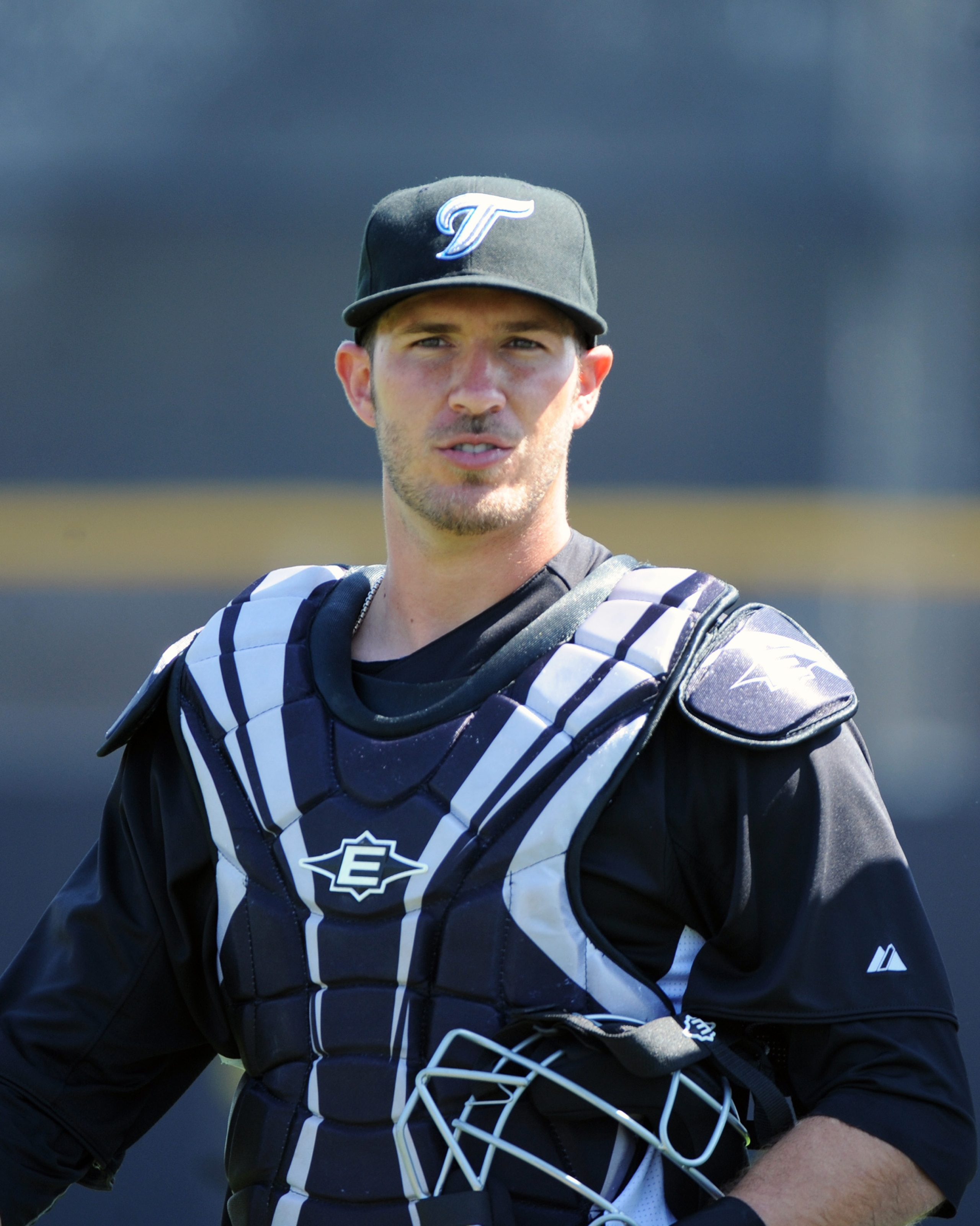DUNEDIN, FL - FEBRUARY 26:  Catcher J. P. Arencibia #9 of the Toronto Blue Jays takes the field for play against the Detroit Tigers February 26, 2011 at Florida Auto Exchange Stadium in Dunedin, Florida.  (Photo by Al Messerschmidt/Getty Images)