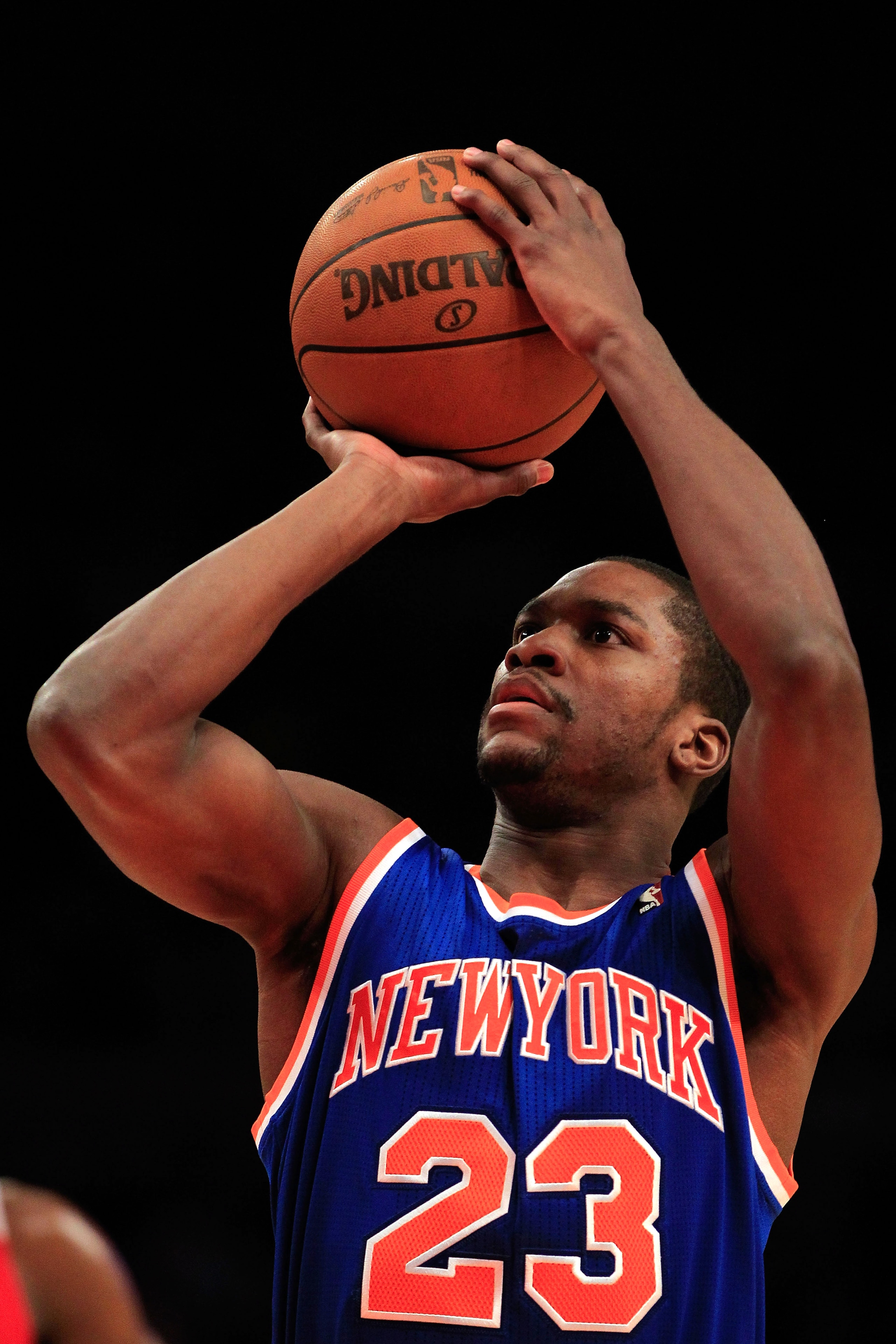 NEW YORK, NY - FEBRUARY 16:  Toney Douglas #23 of the New York Knicks shoots a free throw against the Atlanta Hawks at Madison Square Garden on February 16, 2011 in New York City. NOTE TO USER: User expressly acknowledges and agrees that, by downloading a