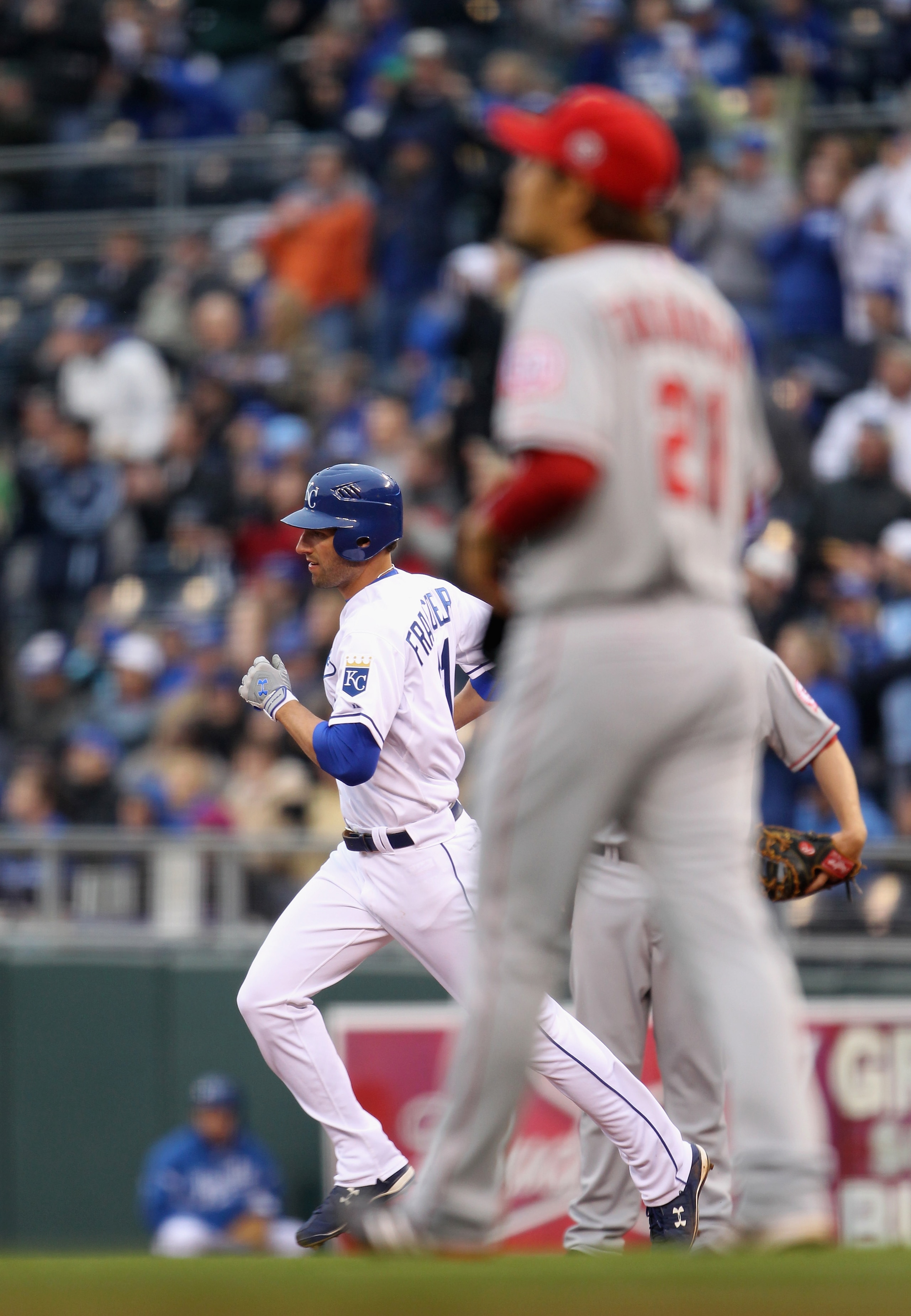 KANSAS CITY, MO - MARCH 31:  Jeff Francoeur #21 of the Kansas City Royals rounds the bases after hitting a home run against Hisanori Takahashi #21 of the Los Angeles Angels of Anaheim during the opening day game at Kauffman Stadium on March 31, 2011 in Ka