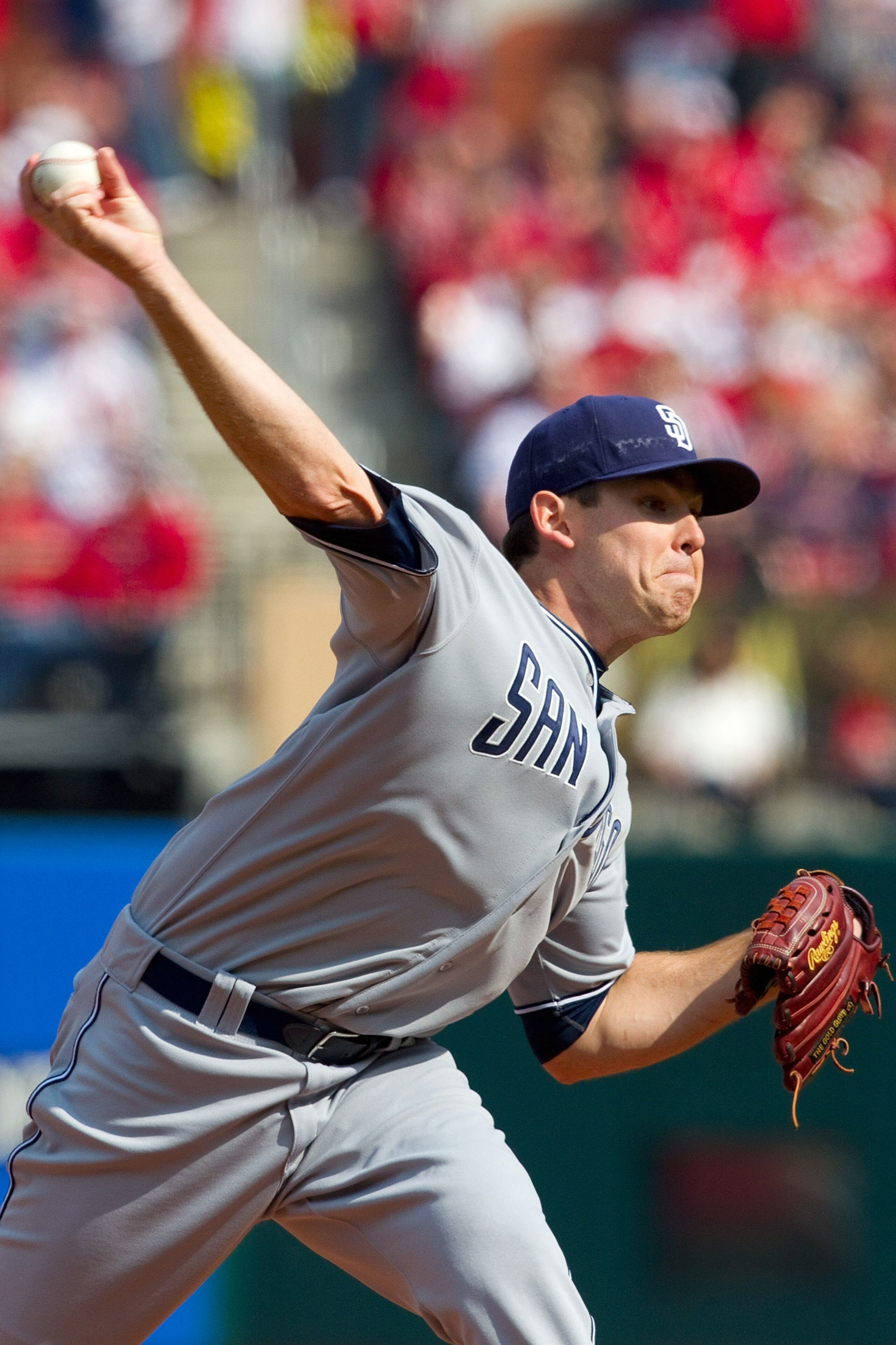 ST. LOUIS, MO - MARCH 31: Starter Tim Stauffer #46 of the San Diego Padres pitches against the St. Louis Cardinals on opening day at Busch Stadium on March 31, 2011 in St. Louis, Missouri.  (Photo by Dilip Vishwanat/Getty Images)