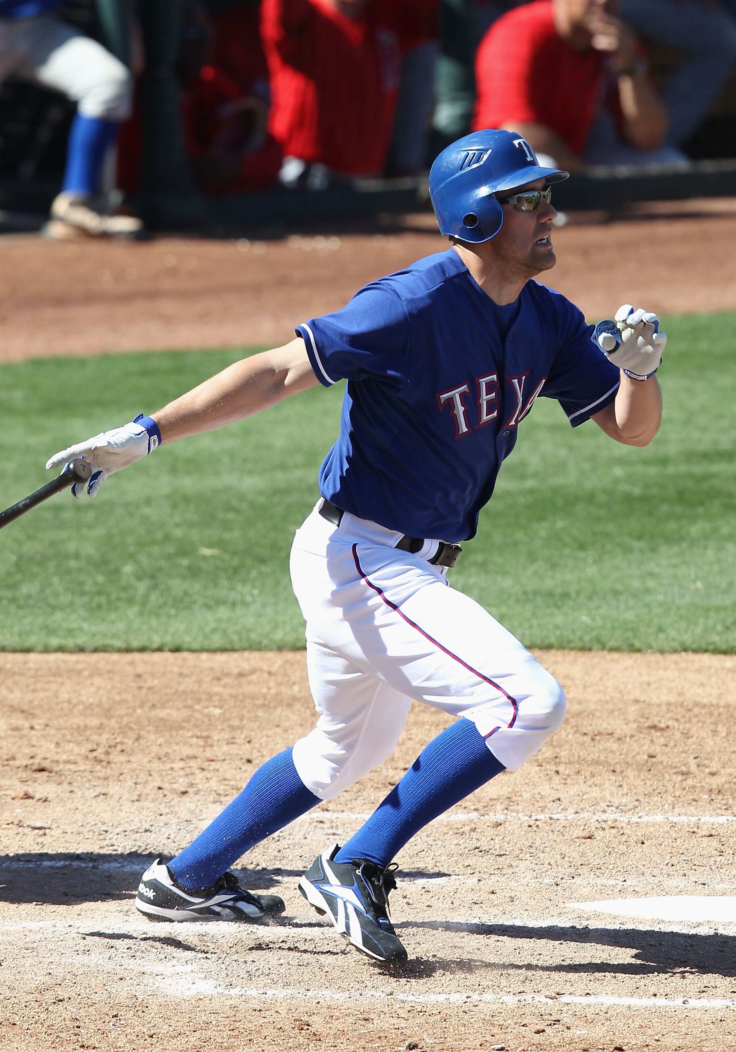 SURPRISE, AZ - MARCH 02:  David Murphy #7 of the Texas Rangers bats against the Los Angeles Angels of Anaheim during the spring training game at Surprise Stadium on March 2, 2011 in Surprise, Arizona.  (Photo by Christian Petersen/Getty Images)