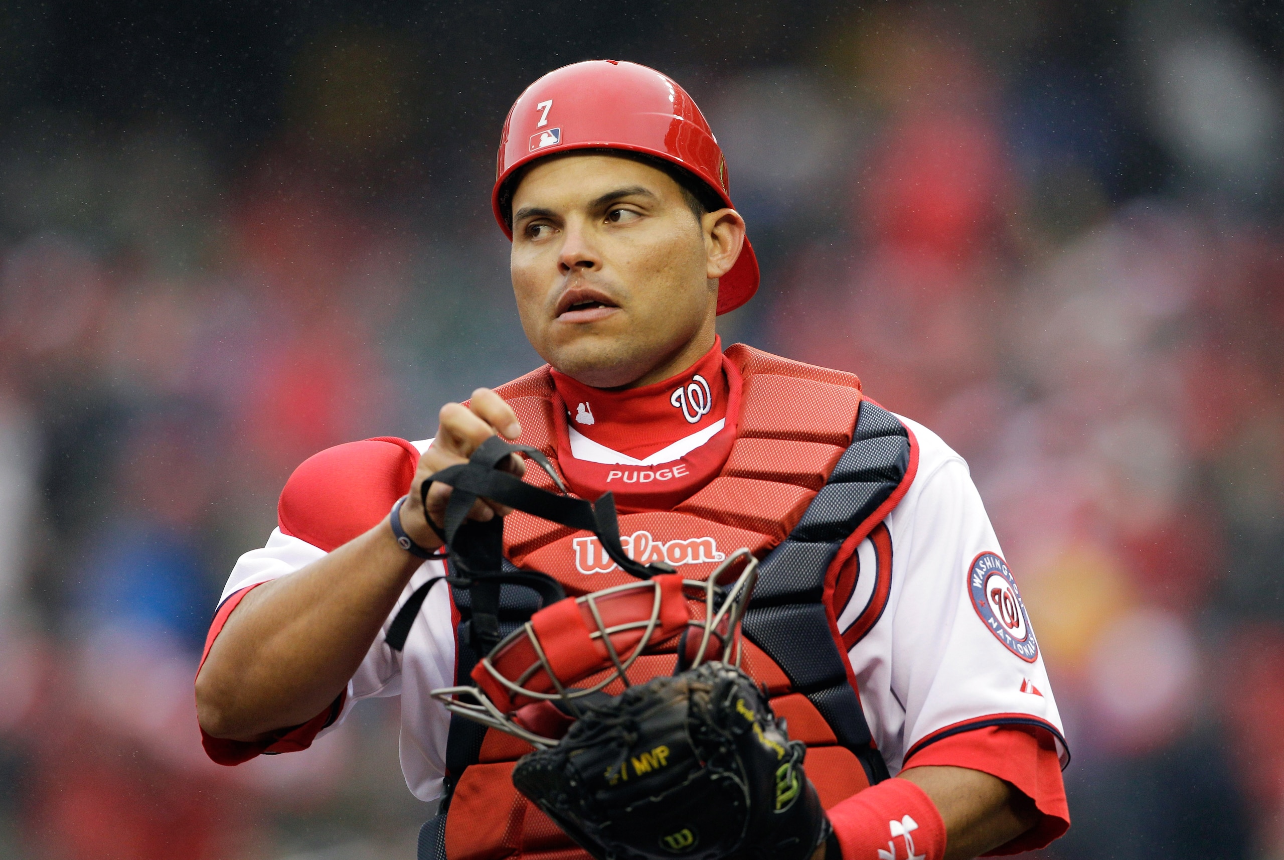 WASHINGTON, DC - MARCH 31:  Catcher Ivan Rodriguez #7 of the Washington Nationals before the start of the third inning against the Atlanta Braves at Nationals Park on March 31, 2011 in Washington, DC.  (Photo by Rob Carr/Getty Images)