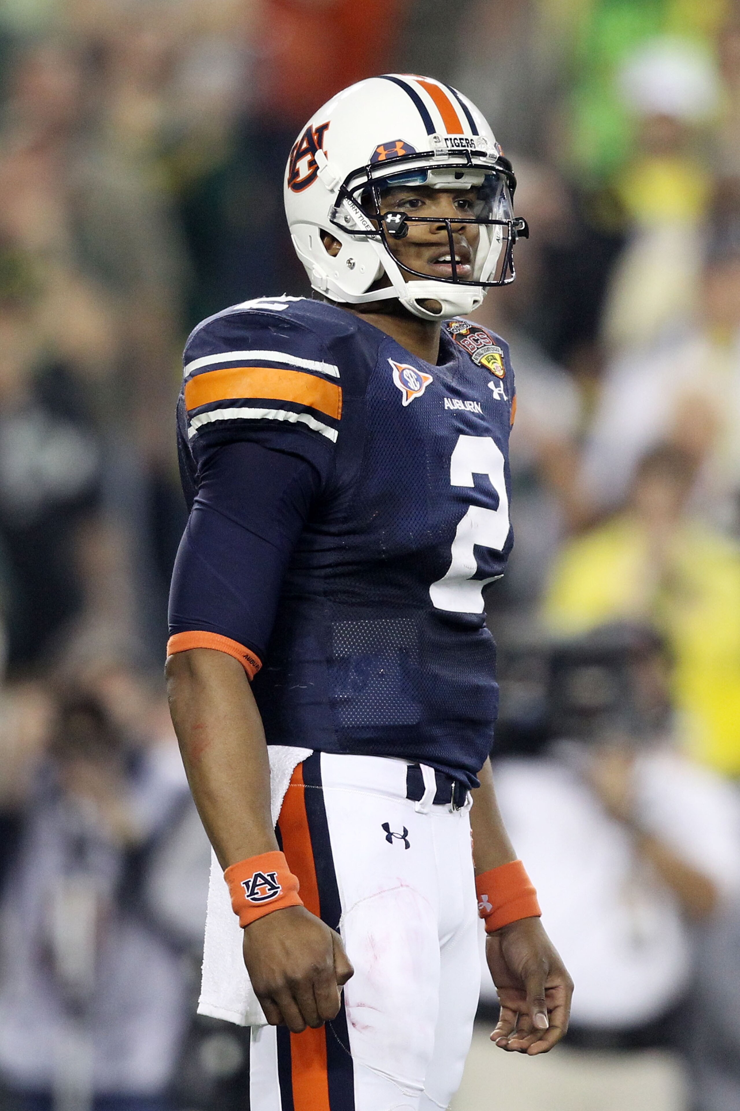 GLENDALE, AZ - JANUARY 10: Cameron Newton #2 of the Auburn Tigers reacts during their game against the Oregon Ducks during the Tostitos BCS National Championship Game at University of Phoenix Stadium on January 10, 2011 in Glendale, Arizona. (Photo by C GLENDALE, AZ - JANUARY 10: Cameron Newton #2 of the Auburn Tigers reacts during their game against the Oregon Ducks during the Tostitos BCS National Championship Game at University of Phoenix Stadium on January 10, 2011 in Glendale, Arizona. (Photo by C