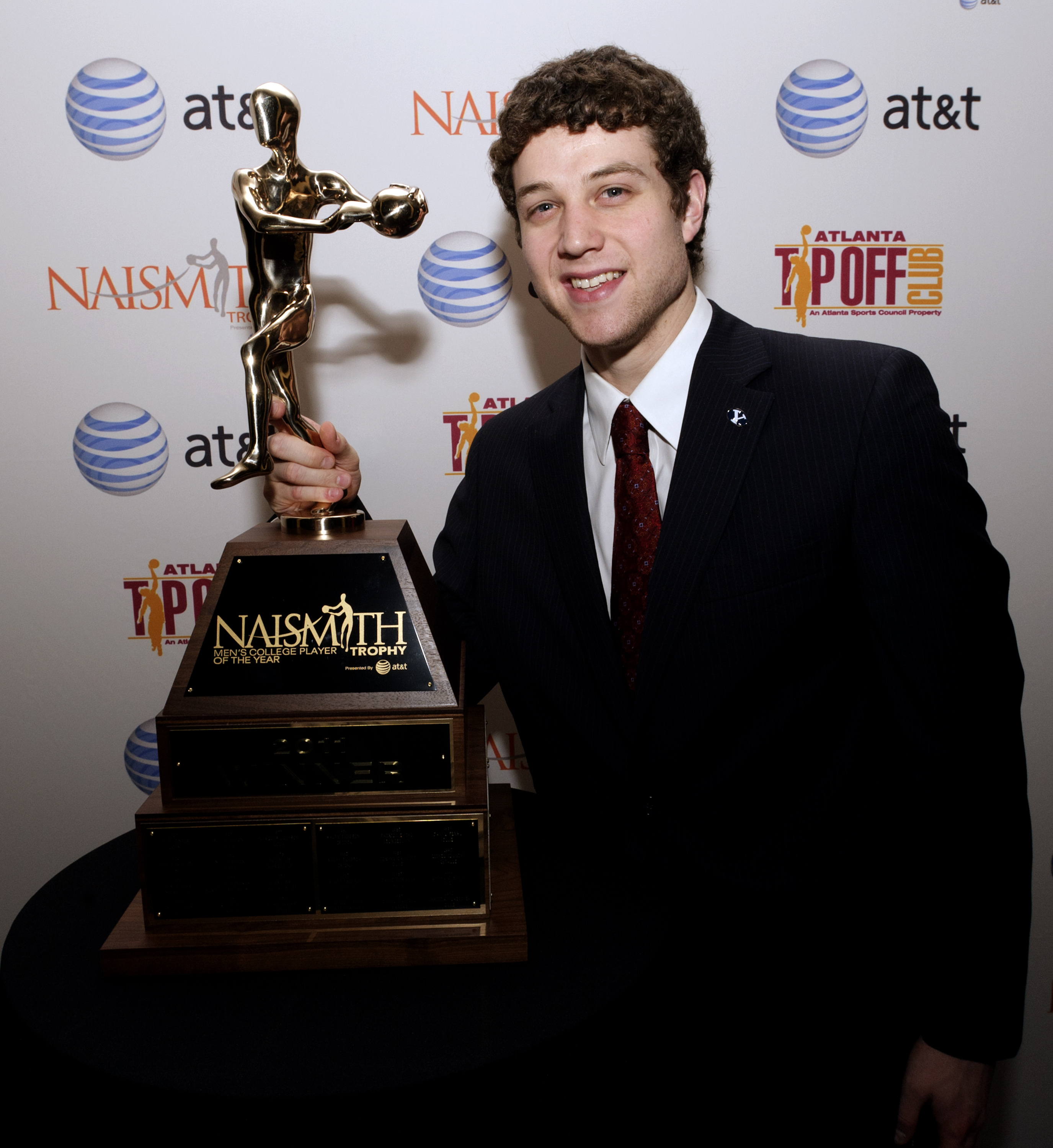 HOUSTON - APRIL 03:  Jimmer Fredette of BYU received the 2011 Naismith Trophy Presented by AT&T at the NABC Guardians of the Game Awards Program on April 3, 2011 in Houston, Texas.  (Photo by Bob Levey/Getty Images)
