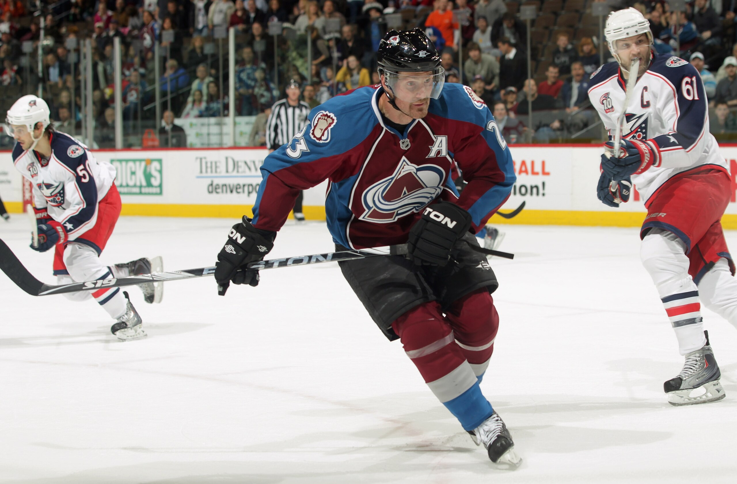 DENVER, CO - MARCH 22:  Milan Hejduk #23 of the Colorado Avalanche skates against the Columbus Blue Jackets at the Pepsi Center on March 22, 2011 in Denver, Colorado. Hejduk scored the game winning goal as the Avalanche defeated the Blue Jackets 5-4 in an