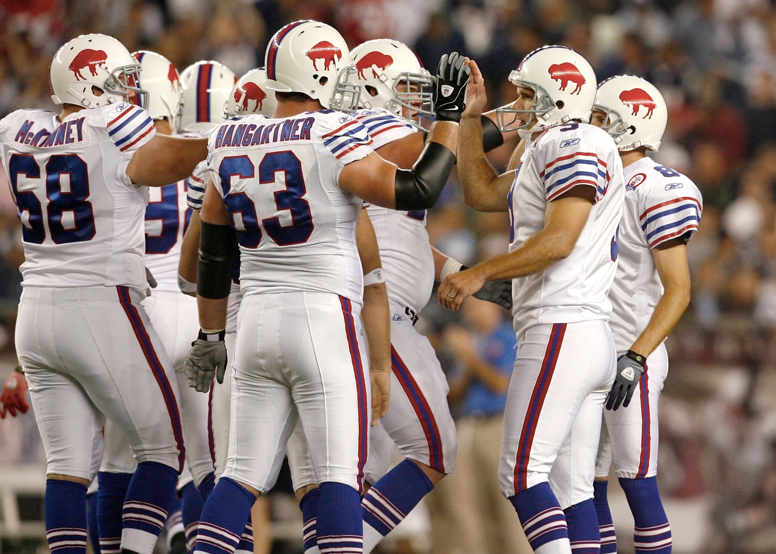 FOXBORO, MA - SEPTEMBER 14:  Kicker Brian Moorman #8 of the Buffalo Bills celebrates a field goal with his teammates during the second half against the New England Patriots on September 14, 2009 at Gillette Stadium in Foxboro, Massachusetts. (Photo by Jim