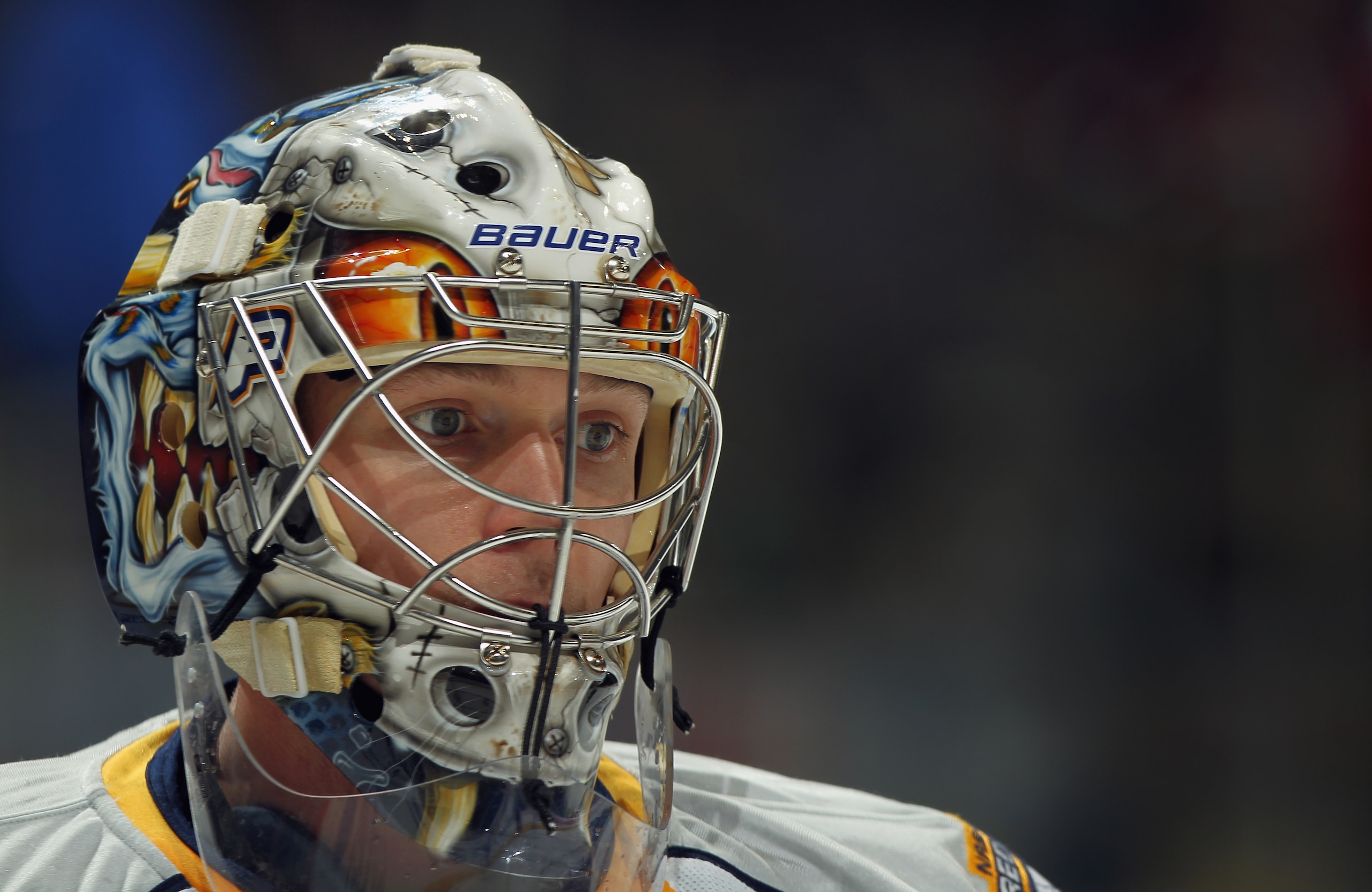 DENVER, CO - MARCH 31:  Goalie Pekka Rinne #35 of the Nashville Predators warms up prior to facing the Colorado Avalanche at the Pepsi Center on March 31, 2011 in Denver, Colorado. Rinne had 27 saves as the Nashville Predators defeated the Colorado Avalan
