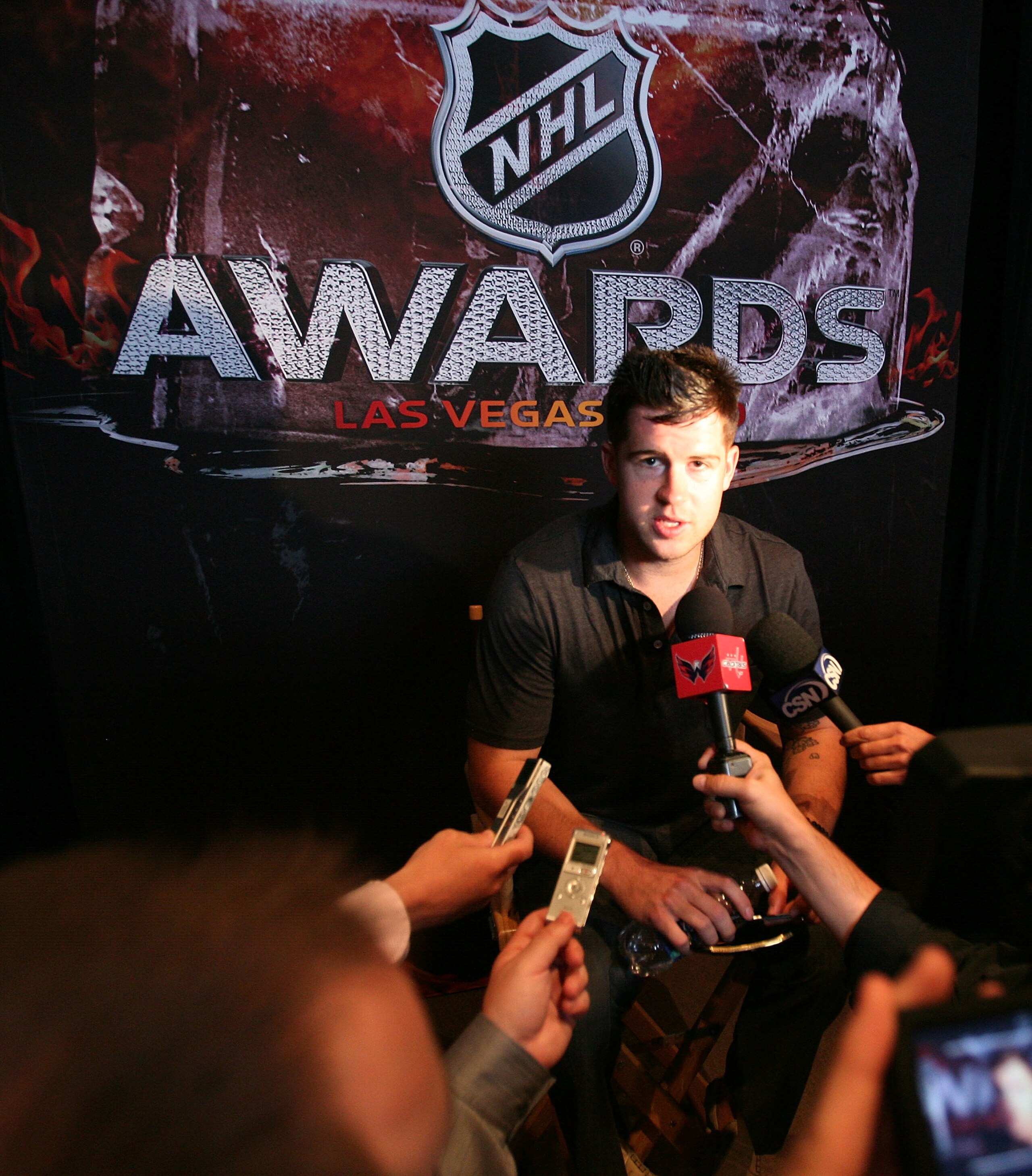 LAS VEGAS - JUNE 22: The NHL's Norris trophy candidate Mike Green of the Washington Capitals is interviewed by the media at the Palms Casino Resort on June 22, 2010 in Las Vegas, Nevada. (Photo by Bruce Bennett/Getty Images)