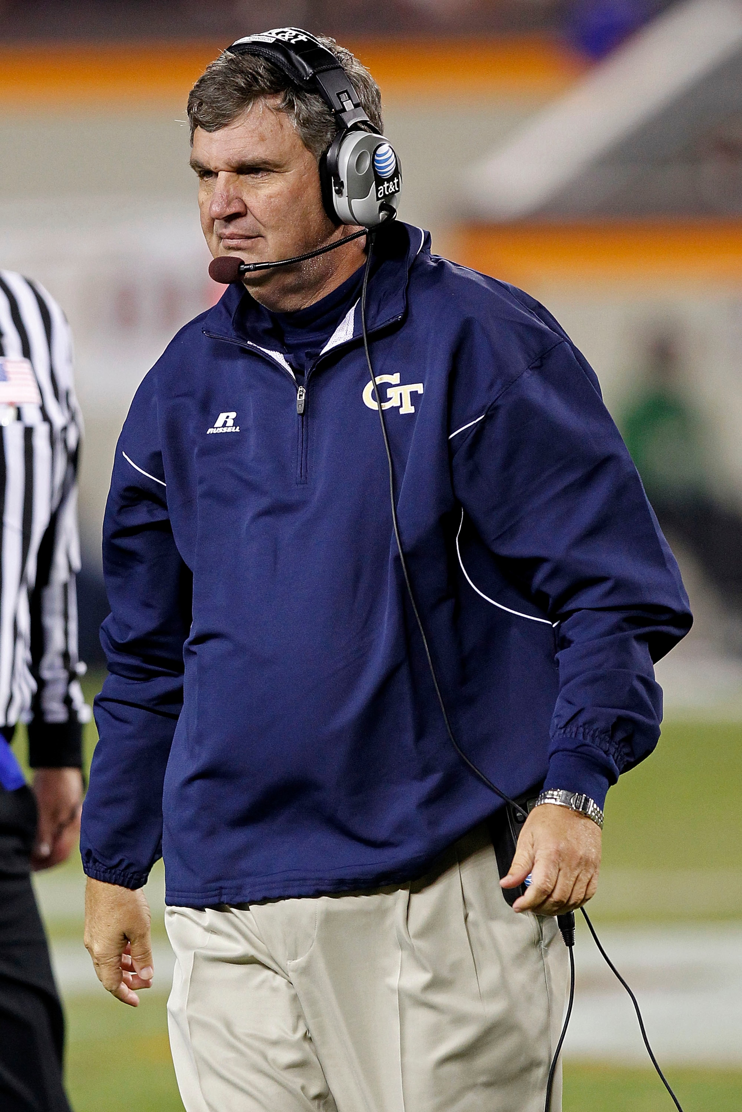 BLACKSBURG, VA - NOVEMBER 04: Head coach Paul Johnson of the Georgia Tech Yellow Jackets stands on the sidelines against the Virginia Tech Hokies at Lane Stadium on November 4, 2010 in Blacksburg, Virginia.  (Photo by Geoff Burke/Getty Images)