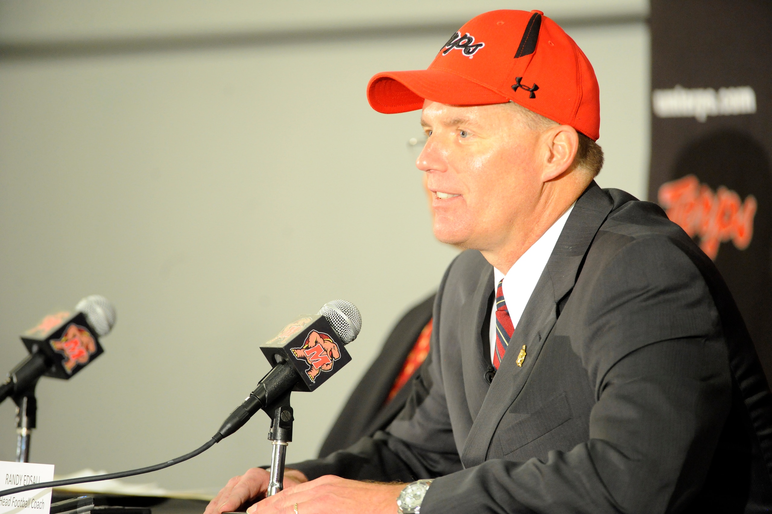 COLLEGE PARK, MD - JANUARY 3:  Randy Edsall speaks as he is introduced as the University of Maryland Terps new head football coach during a press conference on January 3, 2011 at the Byrd Stadium in College Park, Maryland.  (Photo by Mitchell Layton/Getty