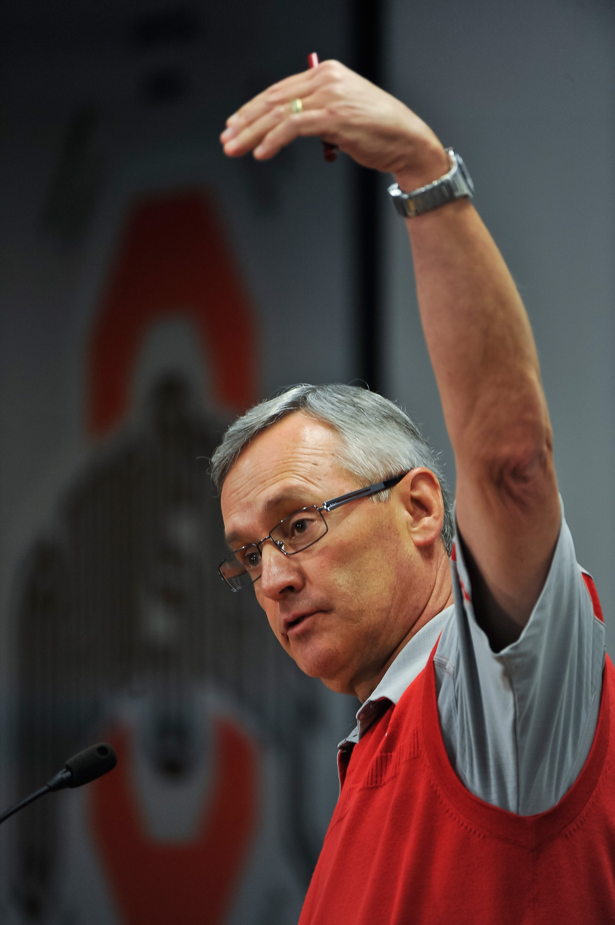 COLUMBUS, OH - MARCH 30:  Head Coach Jim Tressel speaks to the media during a press conference before the start of Spring practices at the Woody Hayes Athletic Center at The Ohio State University on March 30, 2011 in Columbus, Ohio. (Photo by Jamie Sabau/