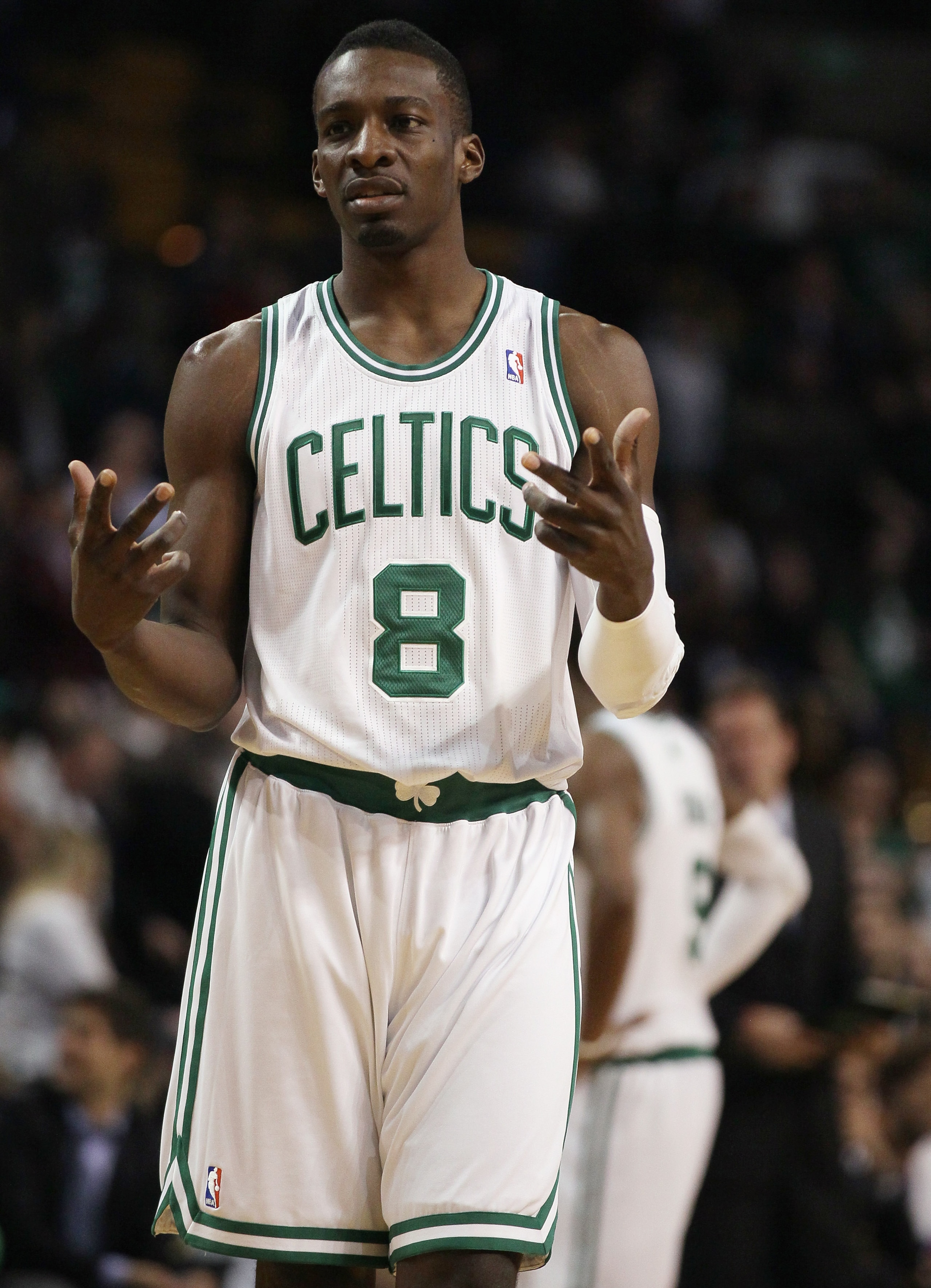 BOSTON, MA - MARCH 02:  Jeff Green #8 of the Boston Celtics reacts to a call in the second half against the Phoenix Suns on March 2, 2011 at the TD Garden in Boston, Massachusetts.  The Celtics defeated the Suns 115-103. NOTE TO USER: User expressly ackno