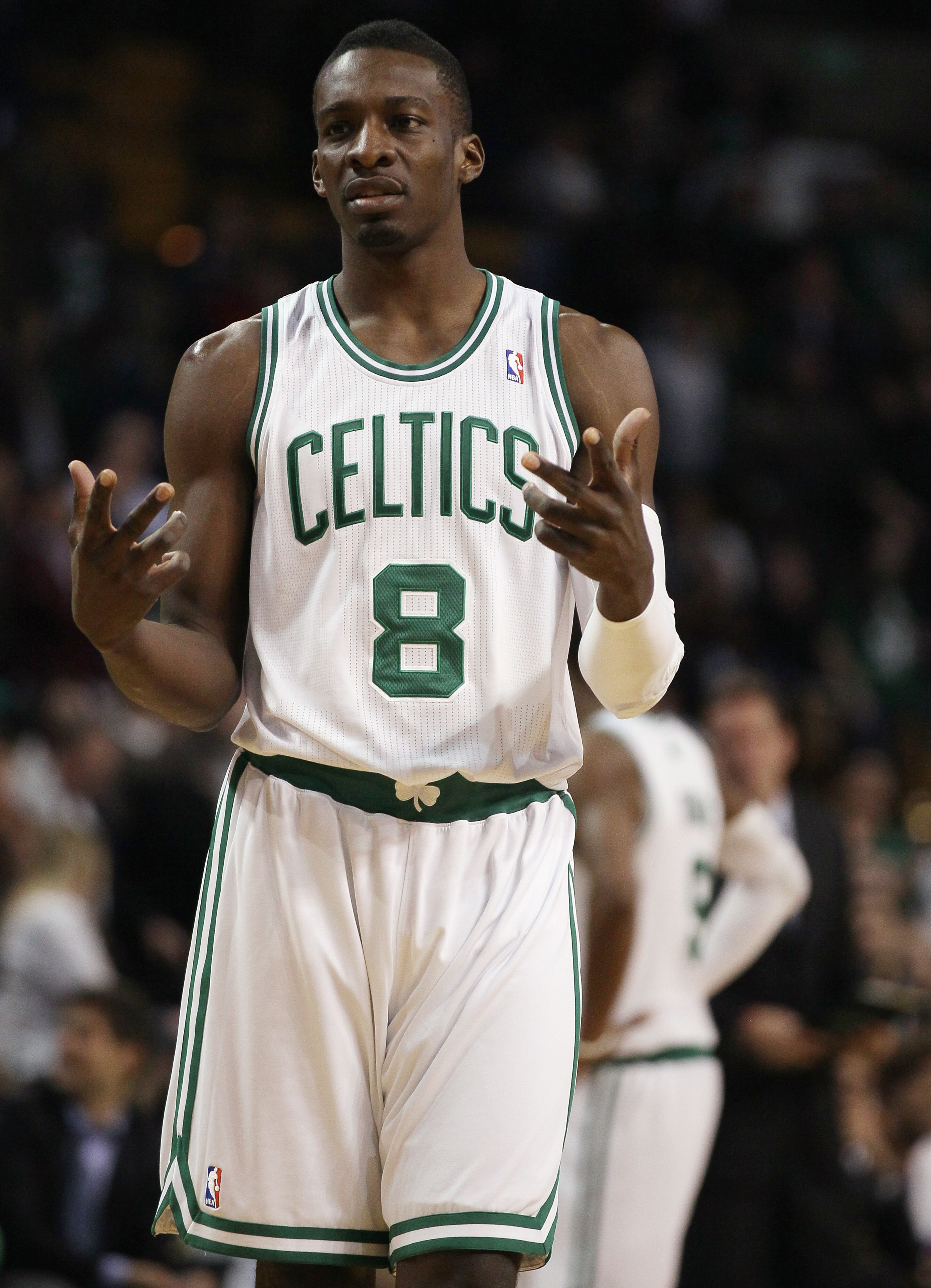BOSTON, MA - MARCH 02:  Jeff Green #8 of the Boston Celtics reacts to a call in the second half against the Phoenix Suns on March 2, 2011 at the TD Garden in Boston, Massachusetts.  The Celtics defeated the Suns 115-103. NOTE TO USER: User expressly ackno