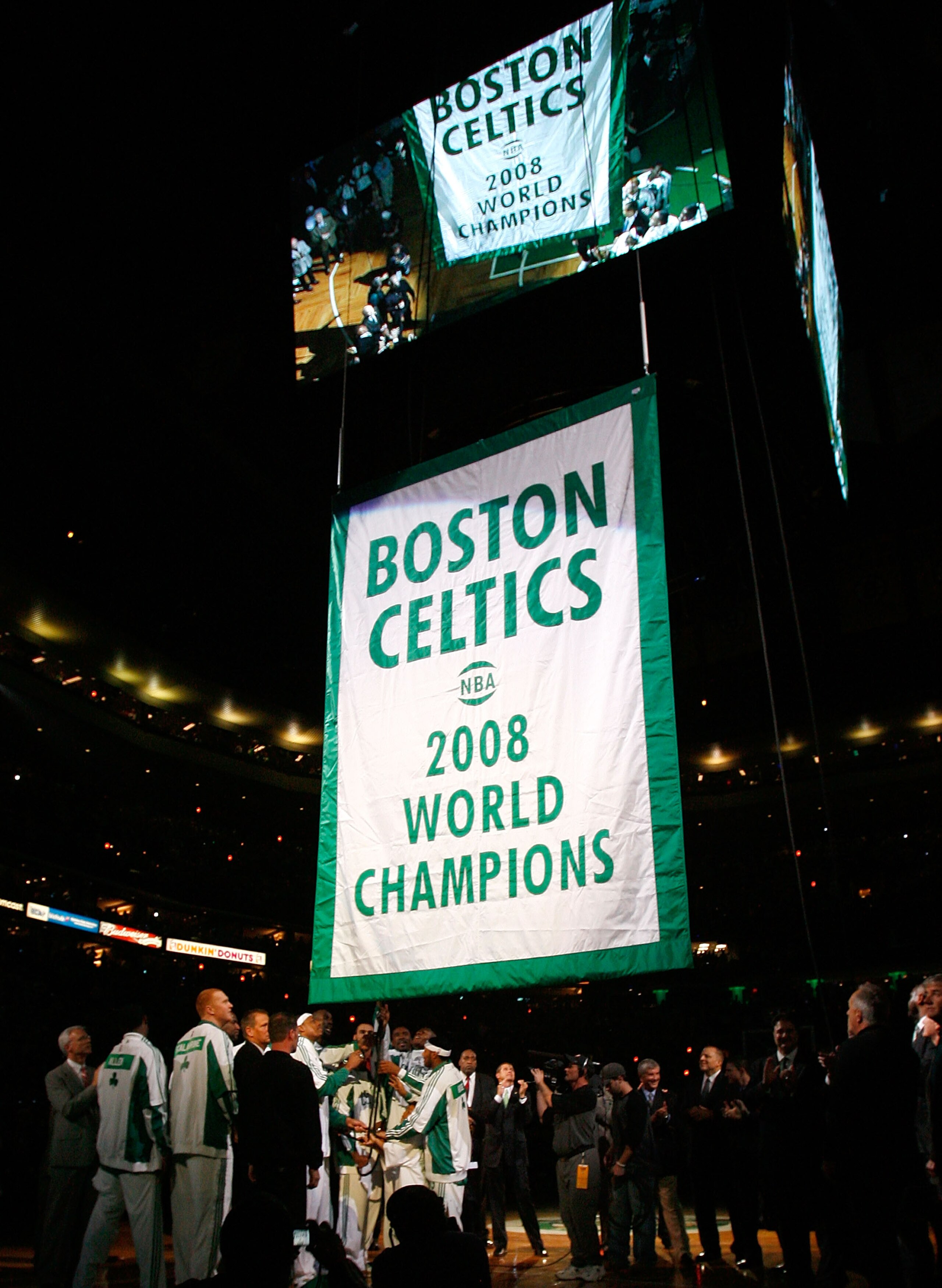 BOSTON, MA - OCTOBER 28: The Boston Celtics raise 2008 World Championship banner during the 2008 NBA World Championship ceremony before a game against the Cleveland Cavaliers at the TD Banknorth Garden on October 28, 2008 in Boston, Massachusetts. NOTE TO