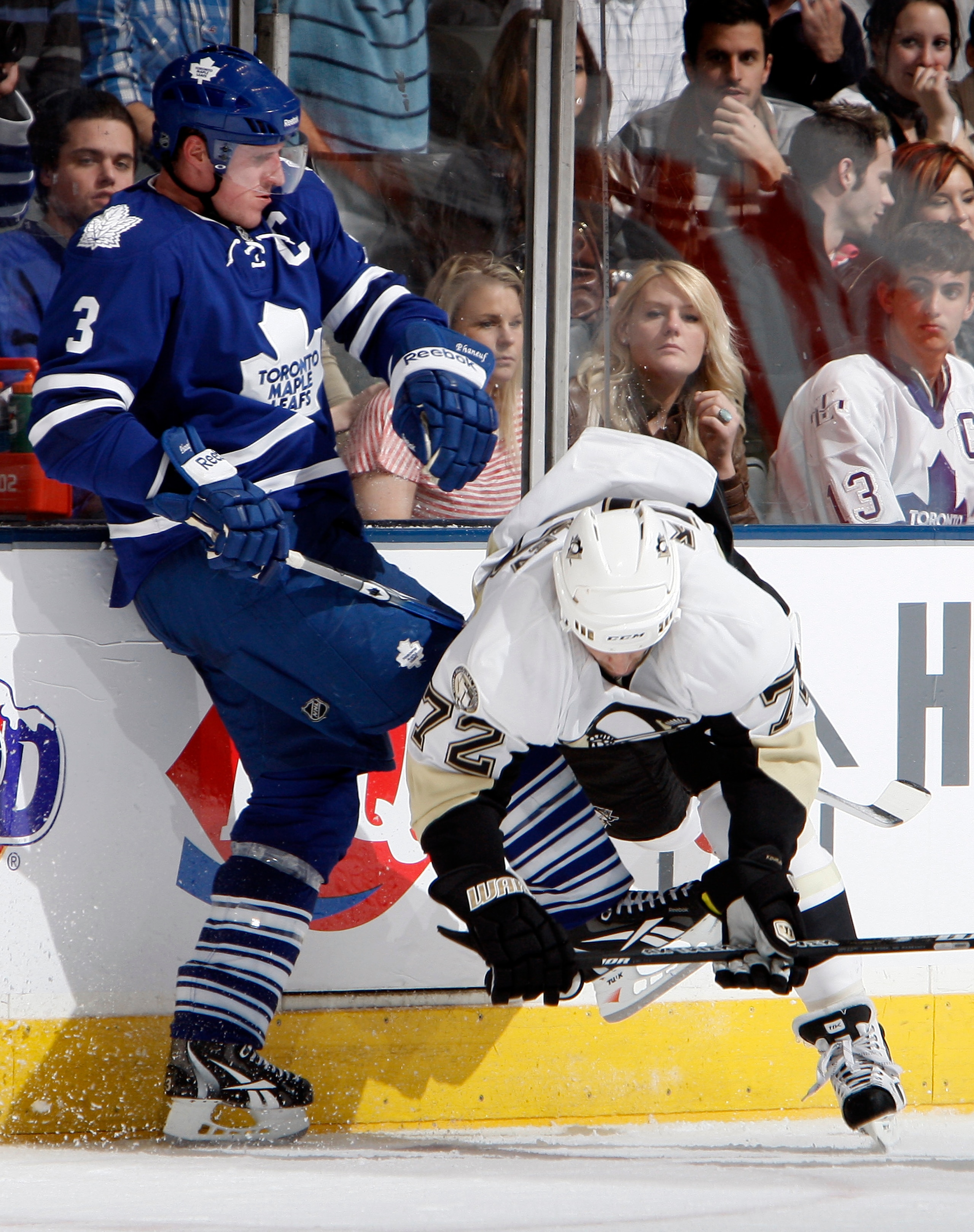 TORONTO, CANADA - FEBRUARY 26: Dion Phaneuf #3 of the Toronto Maple Leafs hits Alexei Kovalev #72 of the Pittsburgh Penguins during game action at the Air Canada Centre February 26, 2011 in Toronto, Ontario, Canada. (Photo by Abelimages/Getty Images) TORONTO, CANADA - FEBRUARY 26: Dion Phaneuf #3 of the Toronto Maple Leafs hits Alexei Kovalev #72 of the Pittsburgh Penguins during game action at the Air Canada Centre February 26, 2011 in Toronto, Ontario, Canada. (Photo by Abelimages/Getty Images)