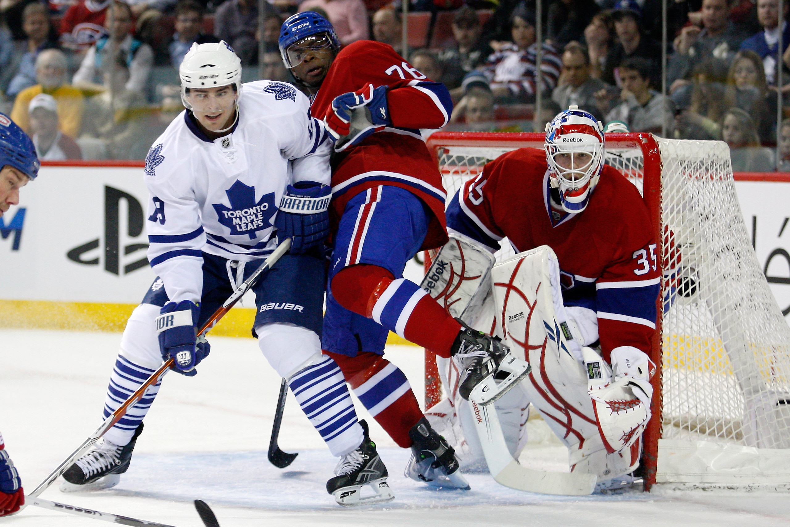 MONTREAL, CANADA - FEBRUARY 24: Joffrey Lupul #19 of the Toronto Maple Leafs battles for position with P.K. Subban #76 of the Montreal Canadiens in front of Alex Auld #35 during the NHL game at the Bell Centre on February 24, 2011 in Montreal, Quebec, Ca MONTREAL, CANADA - FEBRUARY 24: Joffrey Lupul #19 of the Toronto Maple Leafs battles for position with P.K. Subban #76 of the Montreal Canadiens in front of Alex Auld #35 during the NHL game at the Bell Centre on February 24, 2011 in Montreal, Quebec, Ca