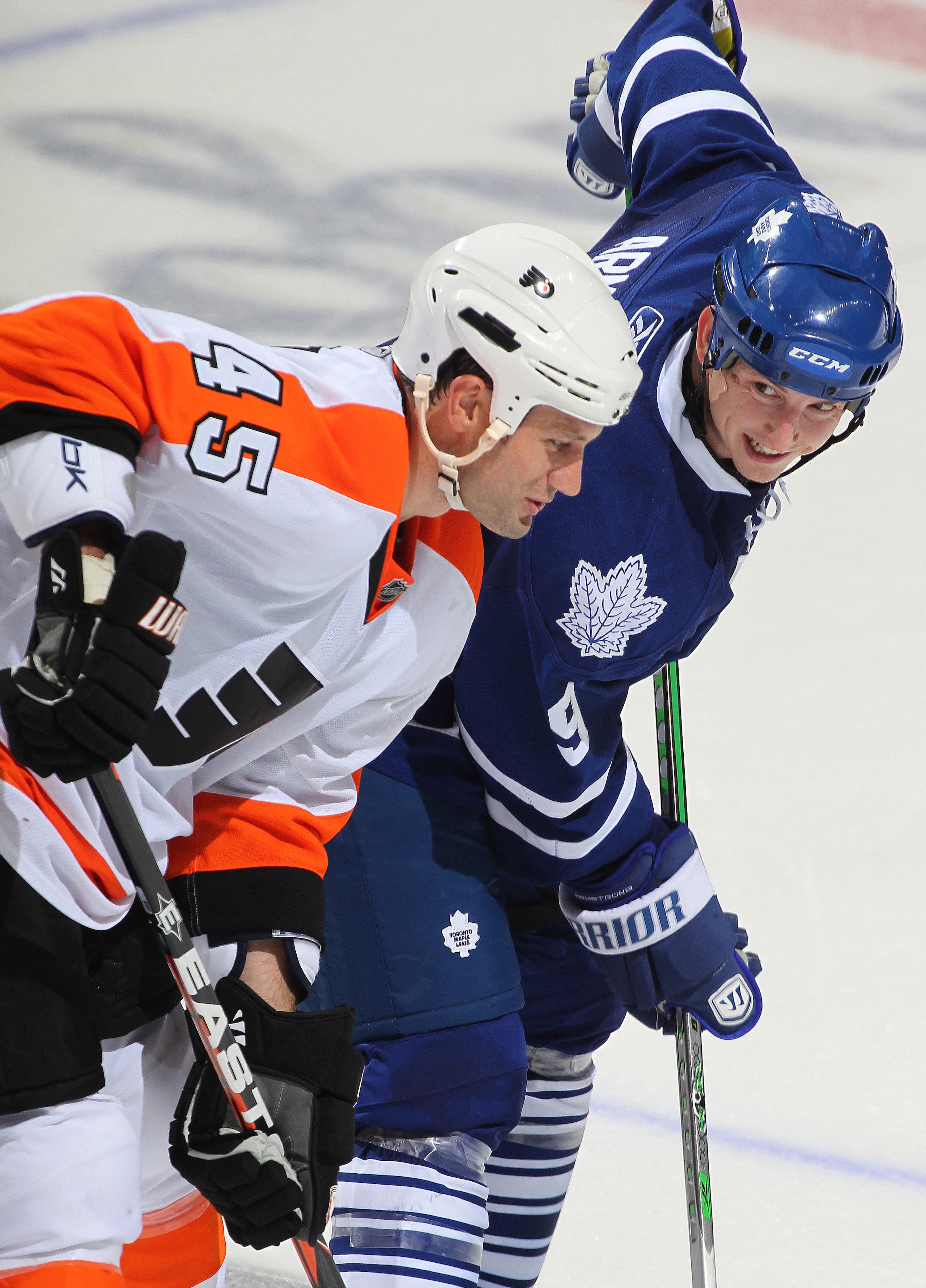 LONDON,ON - SEPTEMBER 23: Colby Armstrong #9 of the Toronto Maple Leafs has something funny to say to Jody Shelley #45 of the Philadelphia Flyers in a pre-season game on September 23,2010 at the John Labatt Centre in London, Ontario. The Leafs defeated th LONDON,ON - SEPTEMBER 23: Colby Armstrong #9 of the Toronto Maple Leafs has something funny to say to Jody Shelley #45 of the Philadelphia Flyers in a pre-season game on September 23,2010 at the John Labatt Centre in London, Ontario. The Leafs defeated th