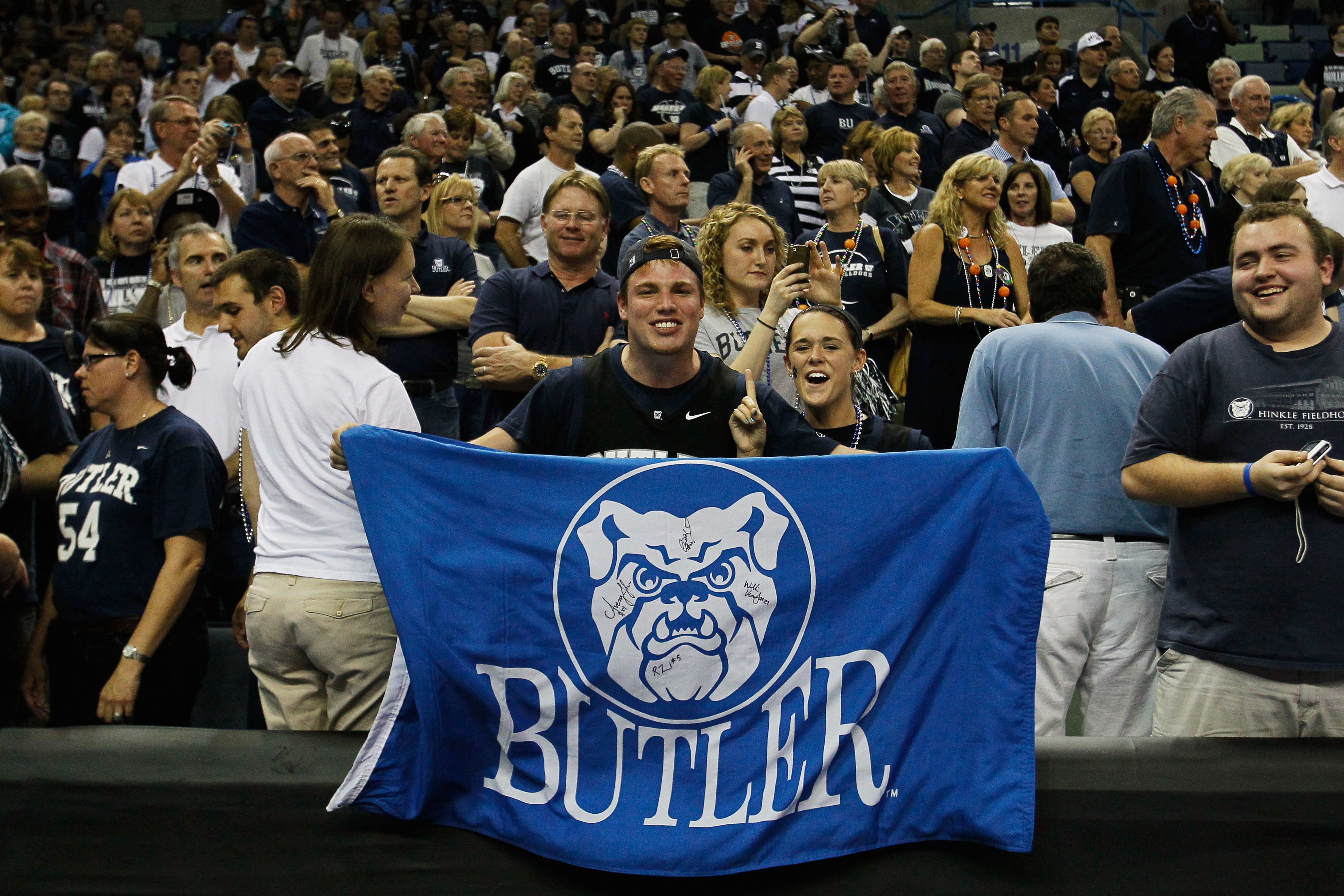 NEW ORLEANS, LA - MARCH 26: Butler Bulldogs fans hold up a flag during their game against the Florida Gators in the Southeast regional final of the 2011 NCAA men's basketball tournament at New Orleans Arena on March 26, 2011 in New Orleans, Louisiana. (