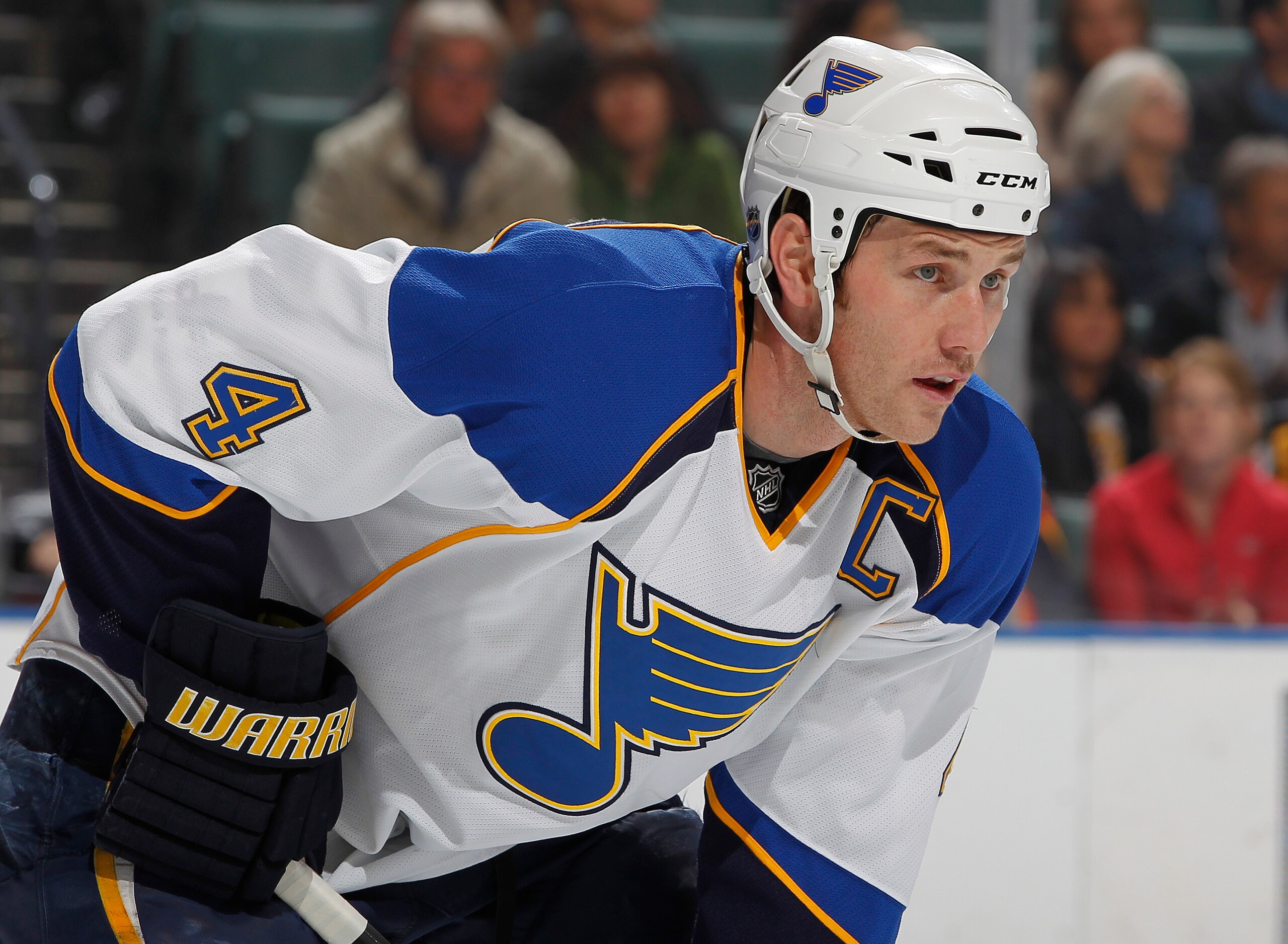 SUNRISE, FL - FEBRUARY 8: Eric Brewer #4 of the St. Louis Blues waits for a face off against the Florida Panthers on February 8, 2011 at the BankAtlantic Center in Sunrise, Florida. The Blues defeated the Panthers 2-1. (Photo by Joel Auerbach/Getty Images