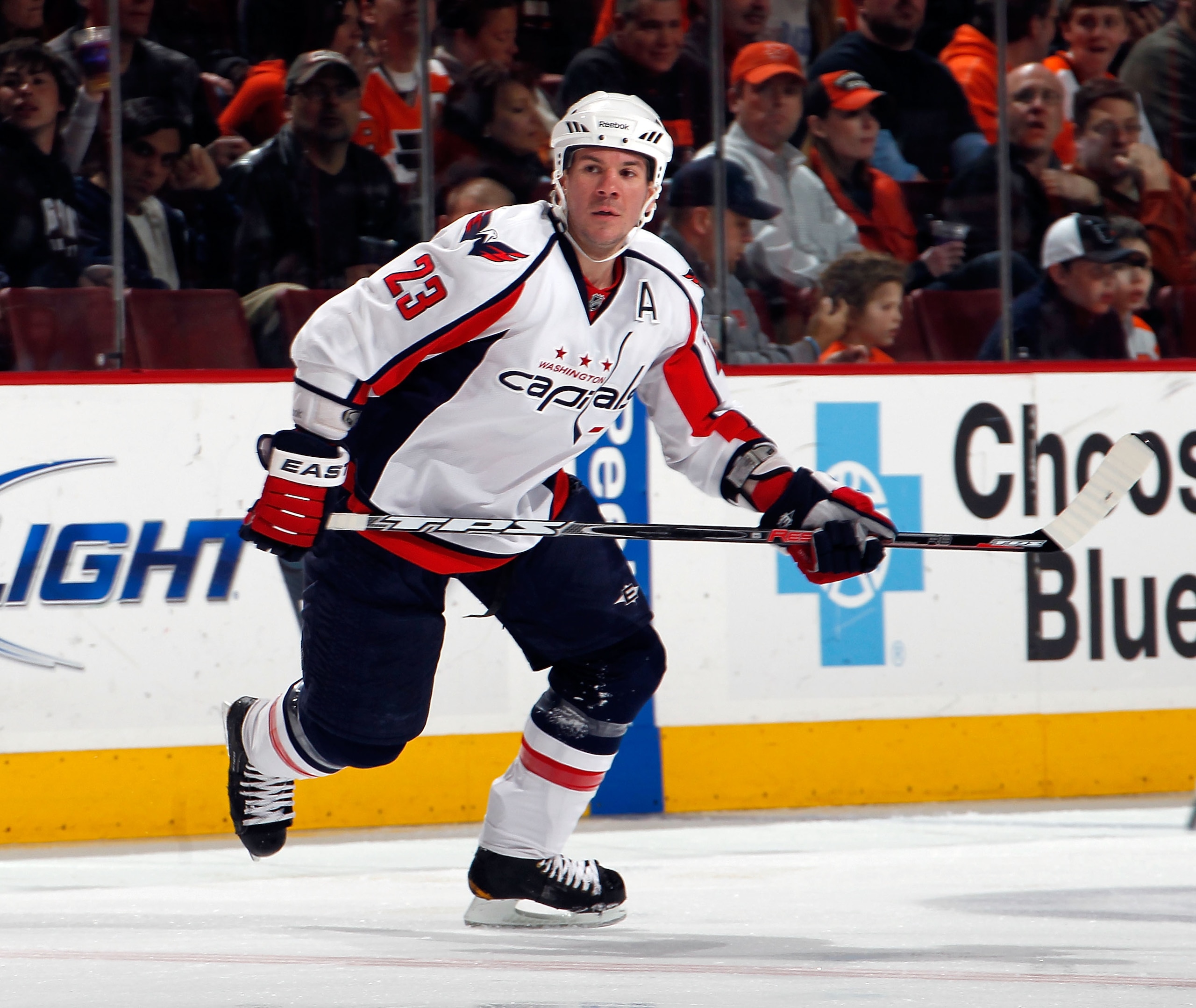 PHILADELPHIA, PA - MARCH 22:  Scott Hannan #23 of the Washington Capitals skates during an NHL hockey game against the Philadelphia Flyers at the Wells Fargo Center on March 22, 2011 in Philadelphia, Pennsylvania.  (Photo by Paul Bereswill/Getty Images)