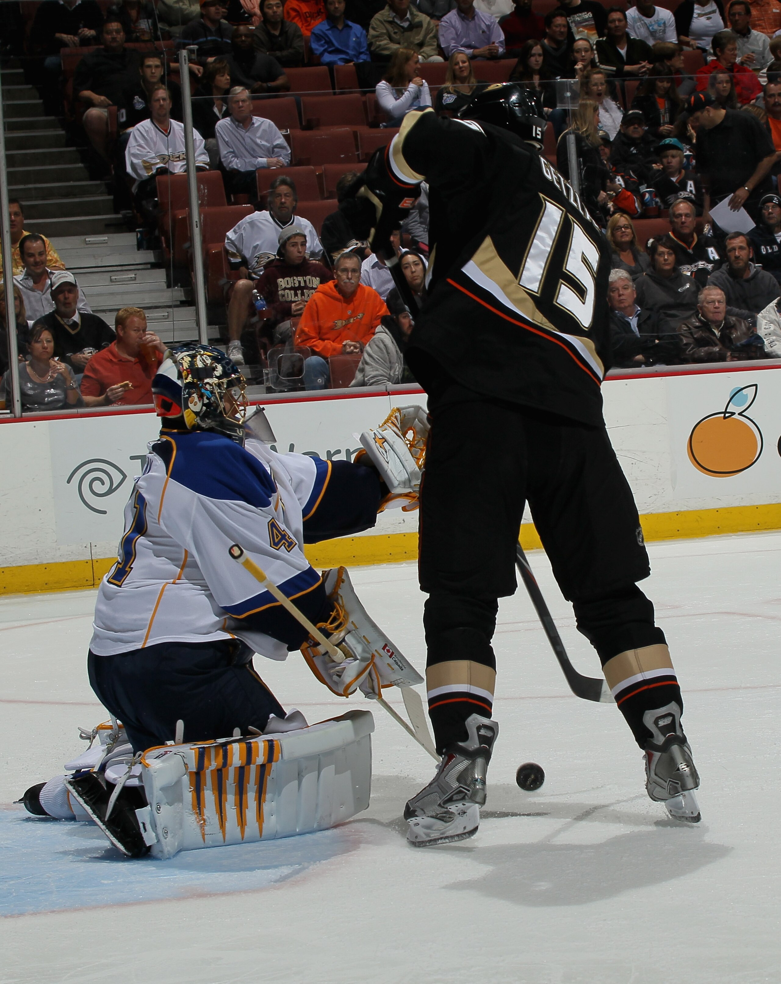 ANAHEIM, CA - MARCH 16:  Goalie Jaroslav Halek #41 of the St. Louis Blues stops the puck in front of Ryan Getzlaf #15 of the Anaheim Ducks at Honda Center on March 16, 2011 in Anaheim, California.  Anaheim won 2-1.   (Photo by Stephen Dunn/Getty Images)