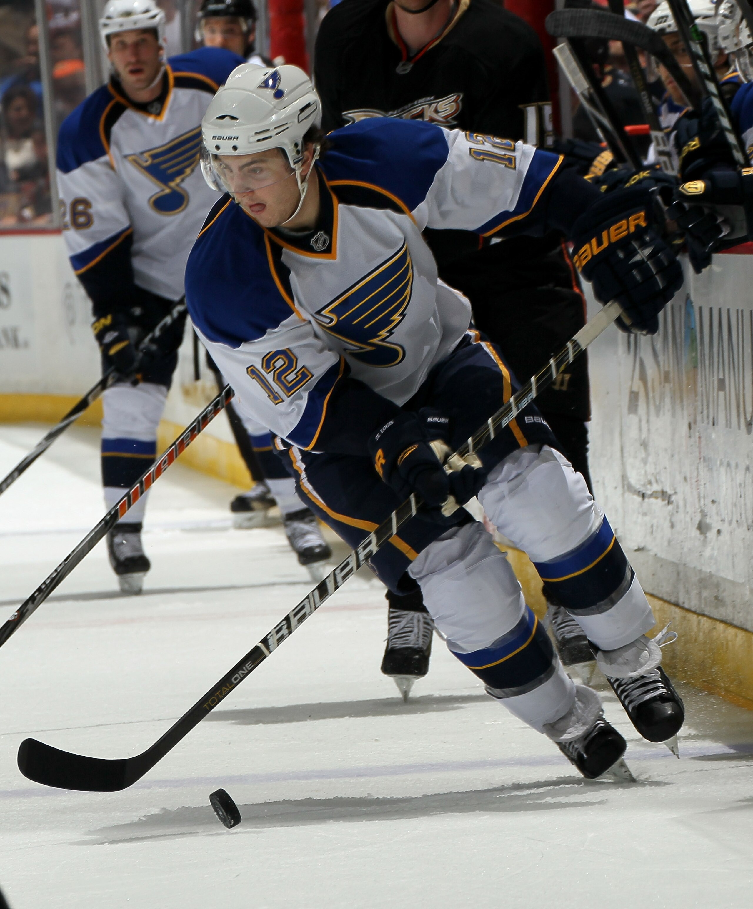 ANAHEIM, CA - MARCH 16:  Kevin Shattenkirk #12 of the St. Louis Blues moves the puck against the Anaheim Ducks at Honda Center on March 16, 2011 in Anaheim, California.  Anaheim won 2-1.   (Photo by Stephen Dunn/Getty Images)