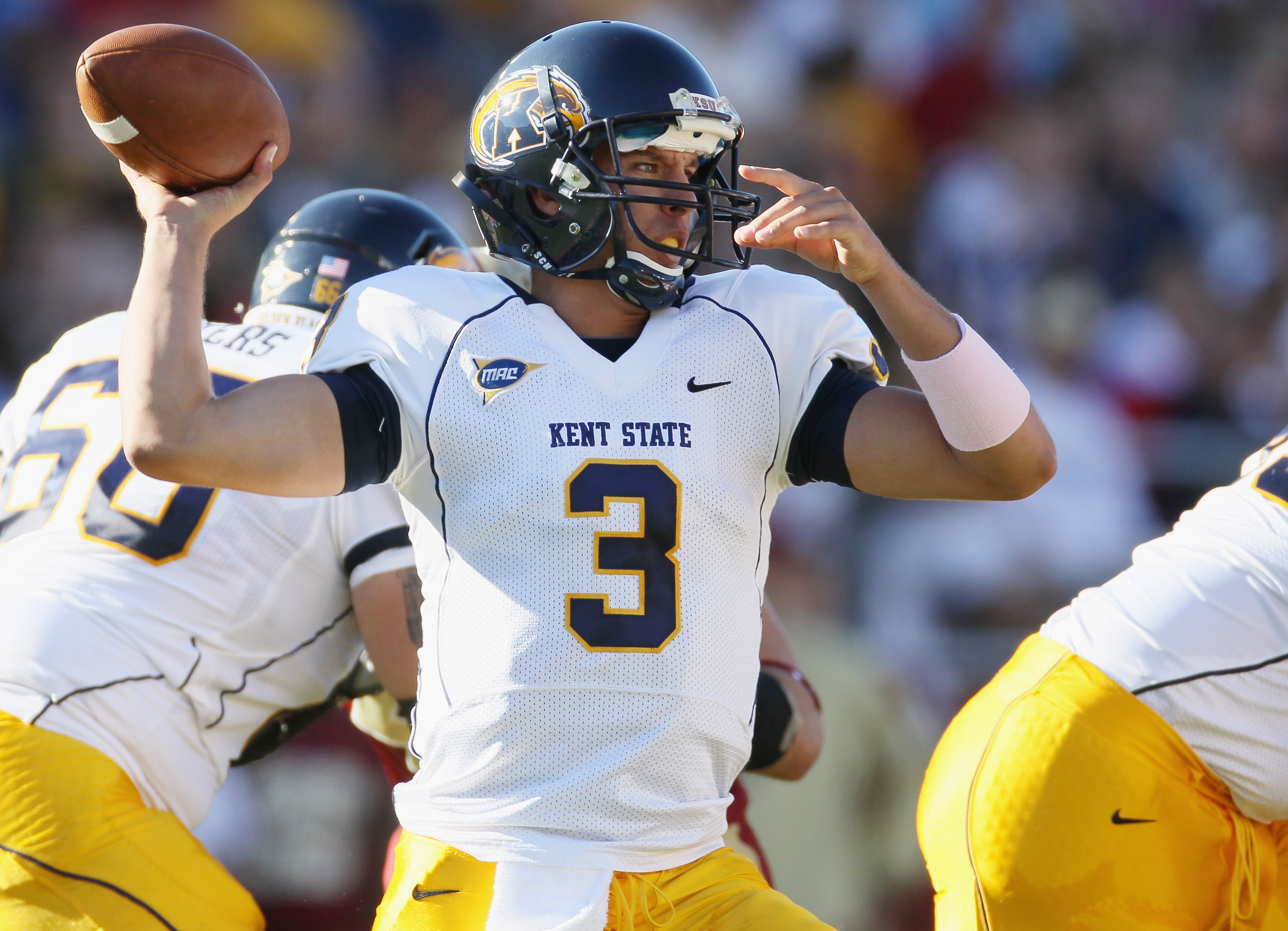 CHESTNUT HILL, MA - SEPTEMBER 11:  Spencer Keith #3 of the Kent State Golden Flashes passes in the first half against the Boston College Eagles on September 11, 2010 at Alumni Stadium in Chestnut Hill, Massachusetts.  (Photo by Elsa/Getty Images)