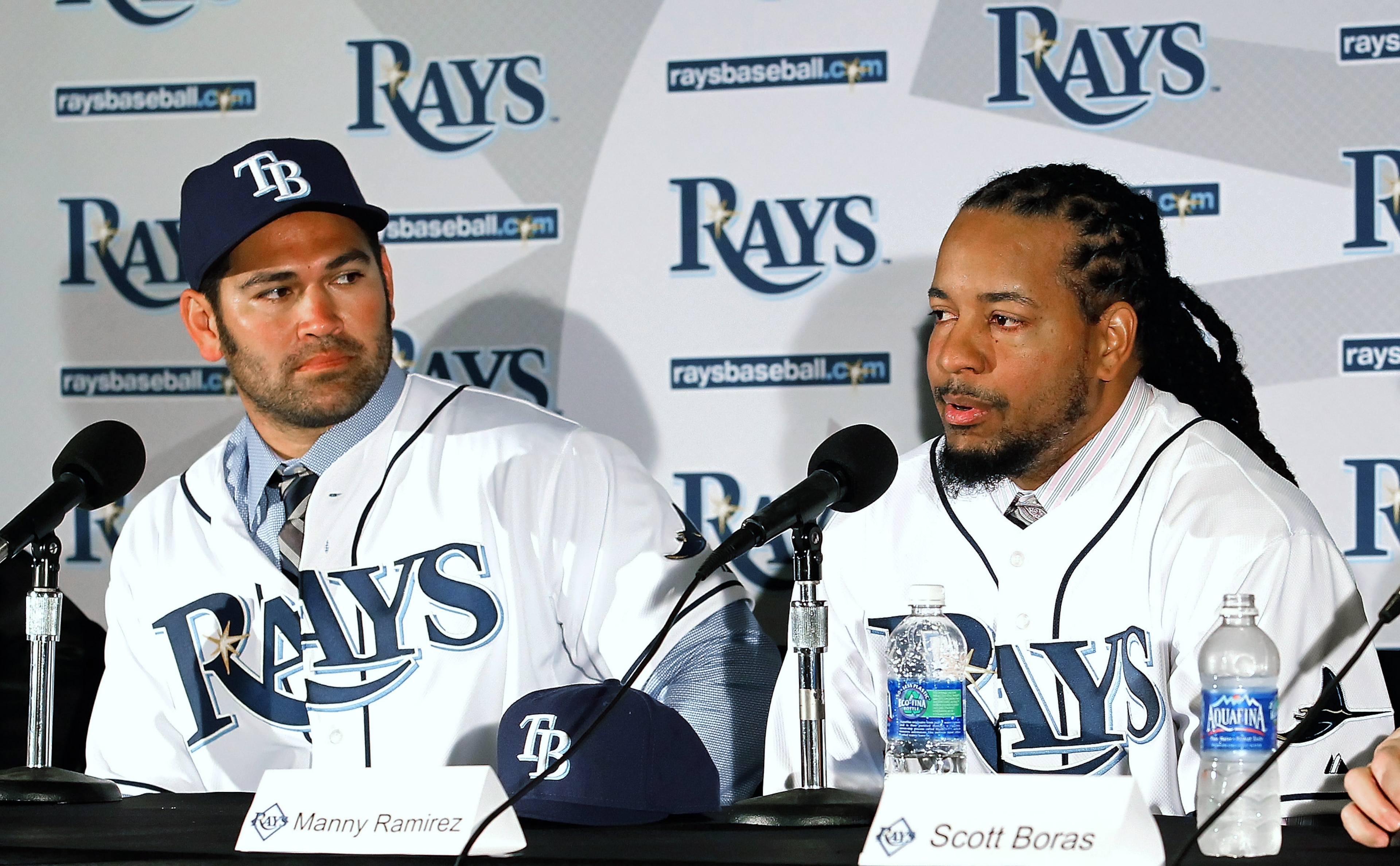 ST PETERSBURG, FL - FEBRUARY 01: Johnny Damon #22 and Manny Ramirez #24 of the Tampa Bay Rays talk with reporters at a press conference at Tropicana Field on February 1, 2011 in St Petersburg, Florida. (Photo by J. Meric/Getty Images) ST PETERSBURG, FL - FEBRUARY 01: Johnny Damon #22 and Manny Ramirez #24 of the Tampa Bay Rays talk with reporters at a press conference at Tropicana Field on February 1, 2011 in St Petersburg, Florida. (Photo by J. Meric/Getty Images)