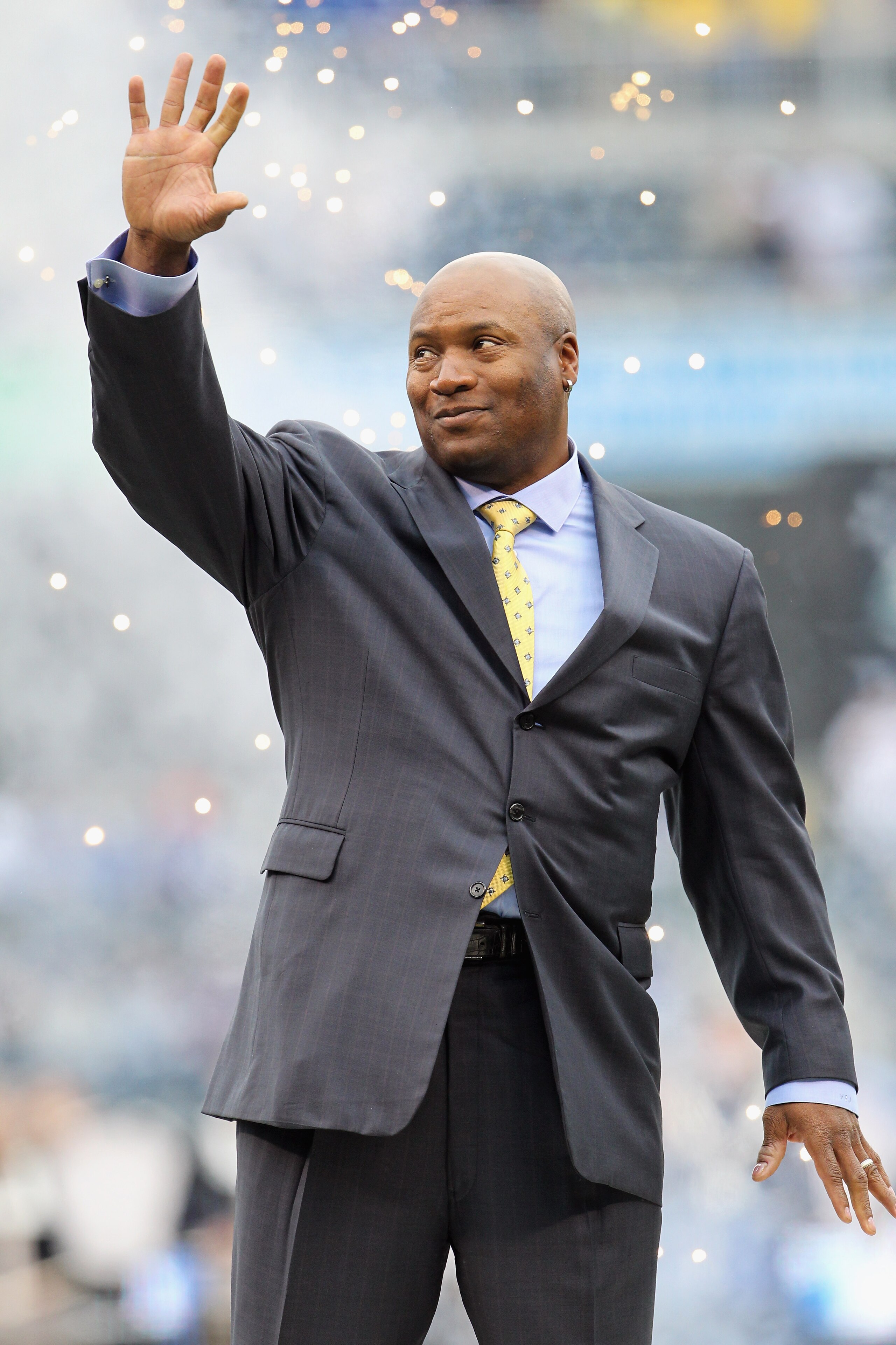 KANSAS CITY, MO - MARCH 31:  Former player Bo Jackson of the Kansas City Royals waves to the crowd as he is honored prior to the start of the opening day game against the Los Angeles Angels of Anaheim at Kauffman Stadium on March 31, 2011 in Kansas City,