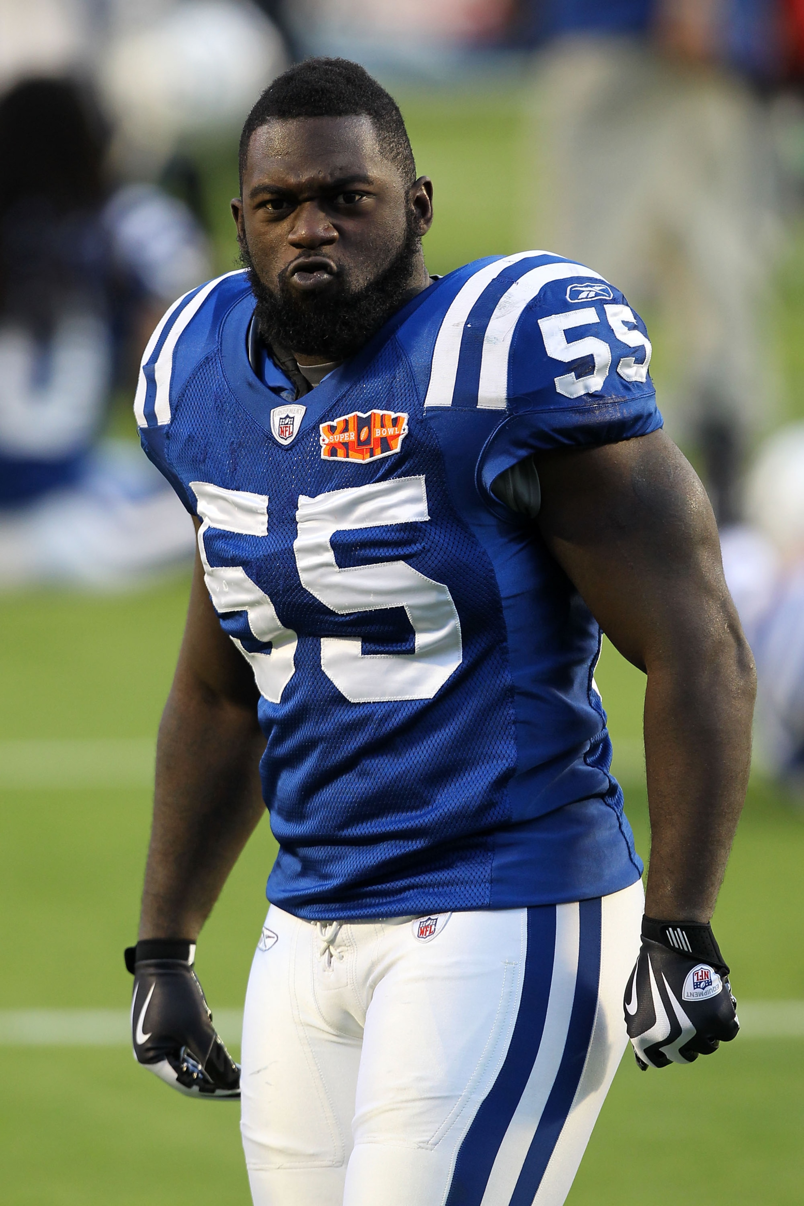 MIAMI GARDENS, FL - FEBRUARY 07:  Linebacker  Clint Session #55 of the Indianapolis Colts warms up prior to Super Bowl XLIV against the New Orleans Saints on February 7, 2010 at Sun Life Stadium in Miami Gardens, Florida.  (Photo by Ezra Shaw/Getty Images