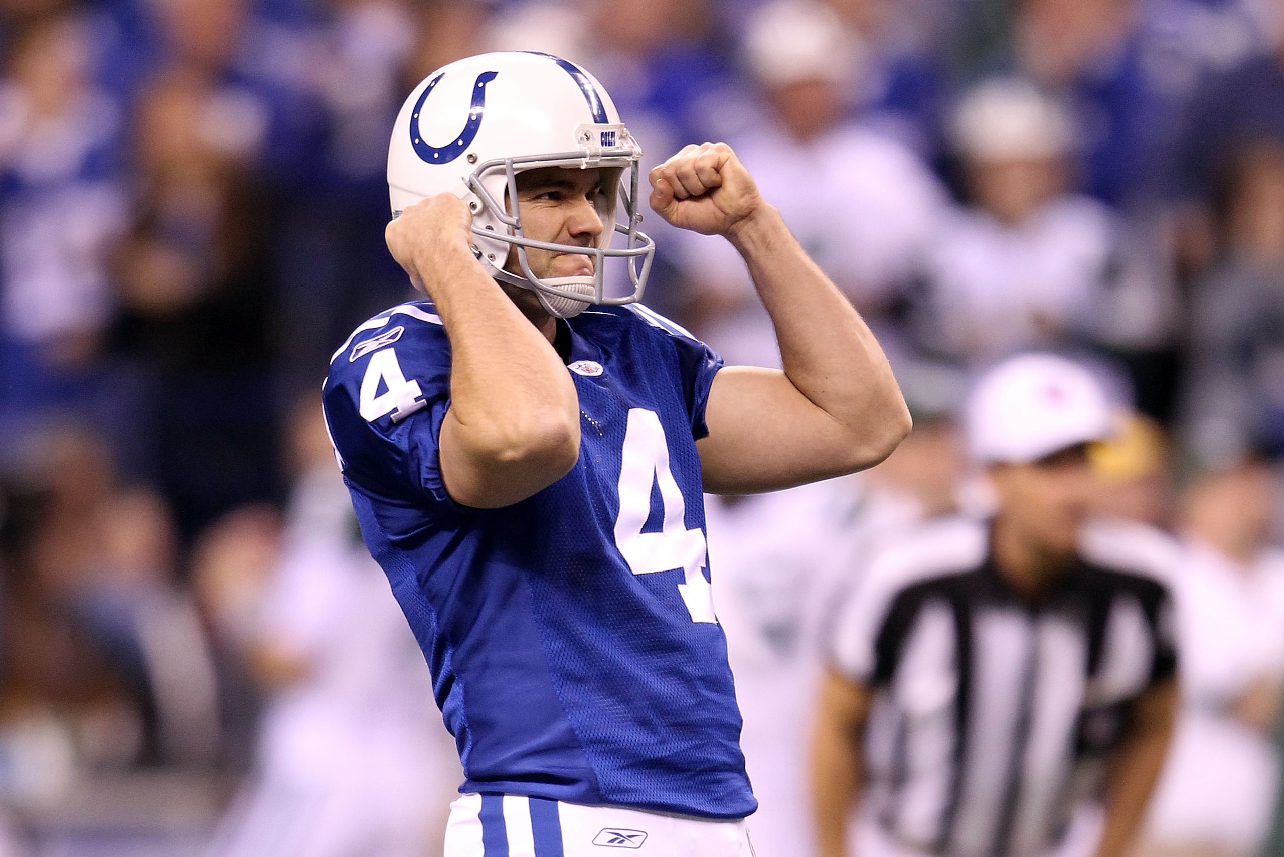 INDIANAPOLIS, IN - JANUARY 08:  Adam Vinatieri #4 of the Indianapolis Colts reacts after he kicked a successful 50-yard field goal in the fourth quarter against the New York Jets during their 2011 AFC wild card playoff game at Lucas Oil Stadium on January