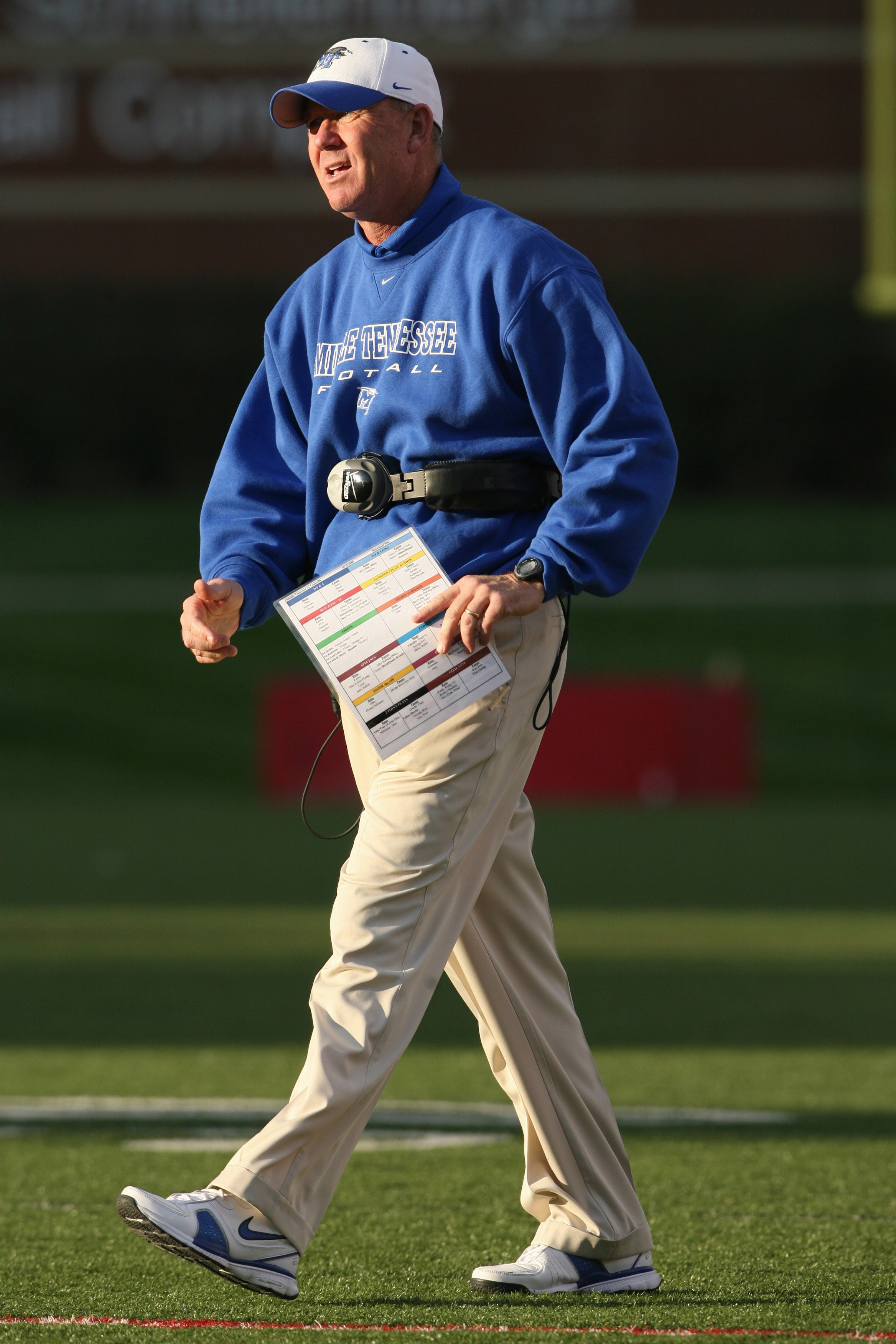 LOUISVILLE, KY - OCTOBER 18:  Head Coach Rick Stockstill of the Middle Tennessee Blue Raiders walks on the field during the game against the Louisville Cardinals at Papa John's Cardinal Stadium on October 18, 2008 in Louisville, Kentucky.  Louisville defe