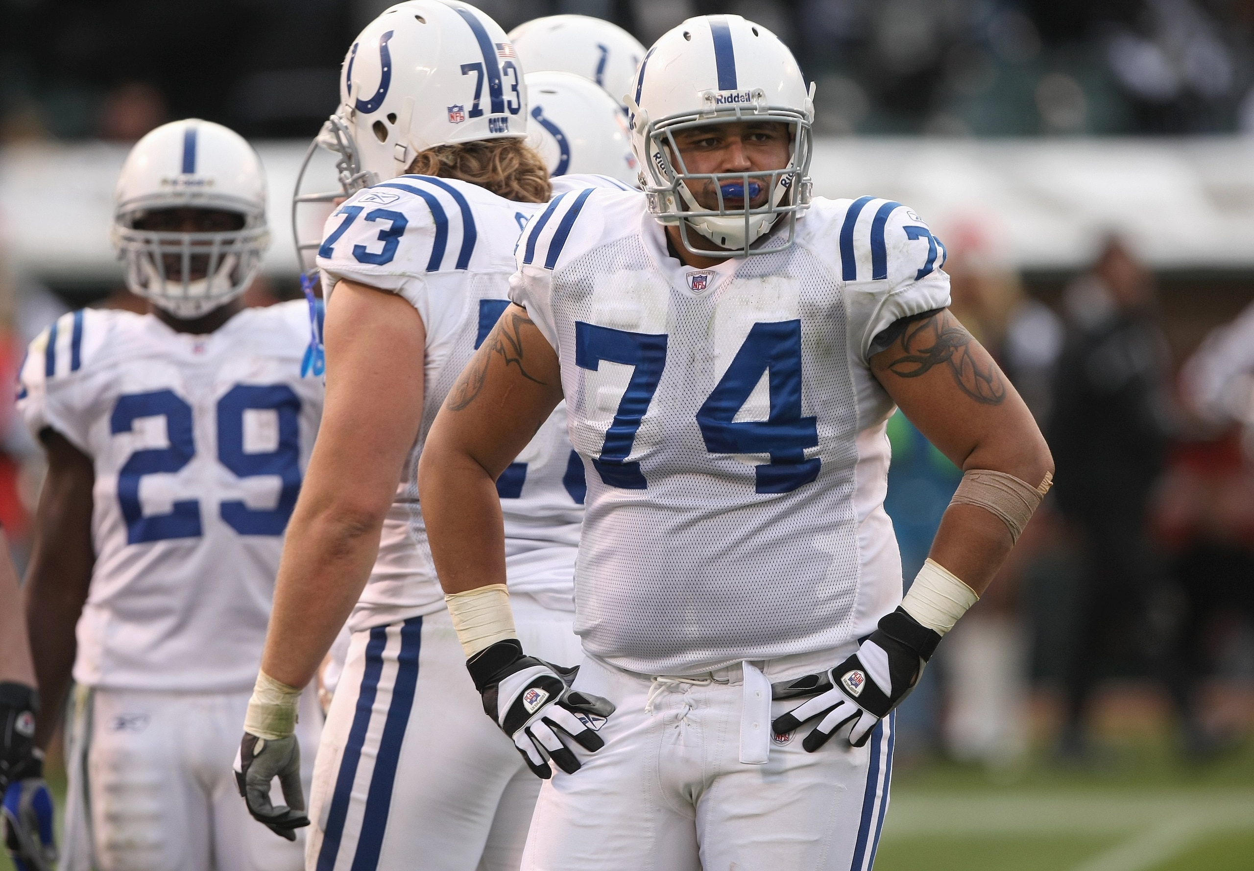 OAKLAND, CA - DECEMBER 16:  Charlie Johnson #74 of the Indianapolis Colts looks on during the game against the Oakland Raiders on December 16, 2007 at McAfee Coliseum in Oakland, California. The Colts won 21-14.  (Photo by Stephen Dunn/Getty Images)