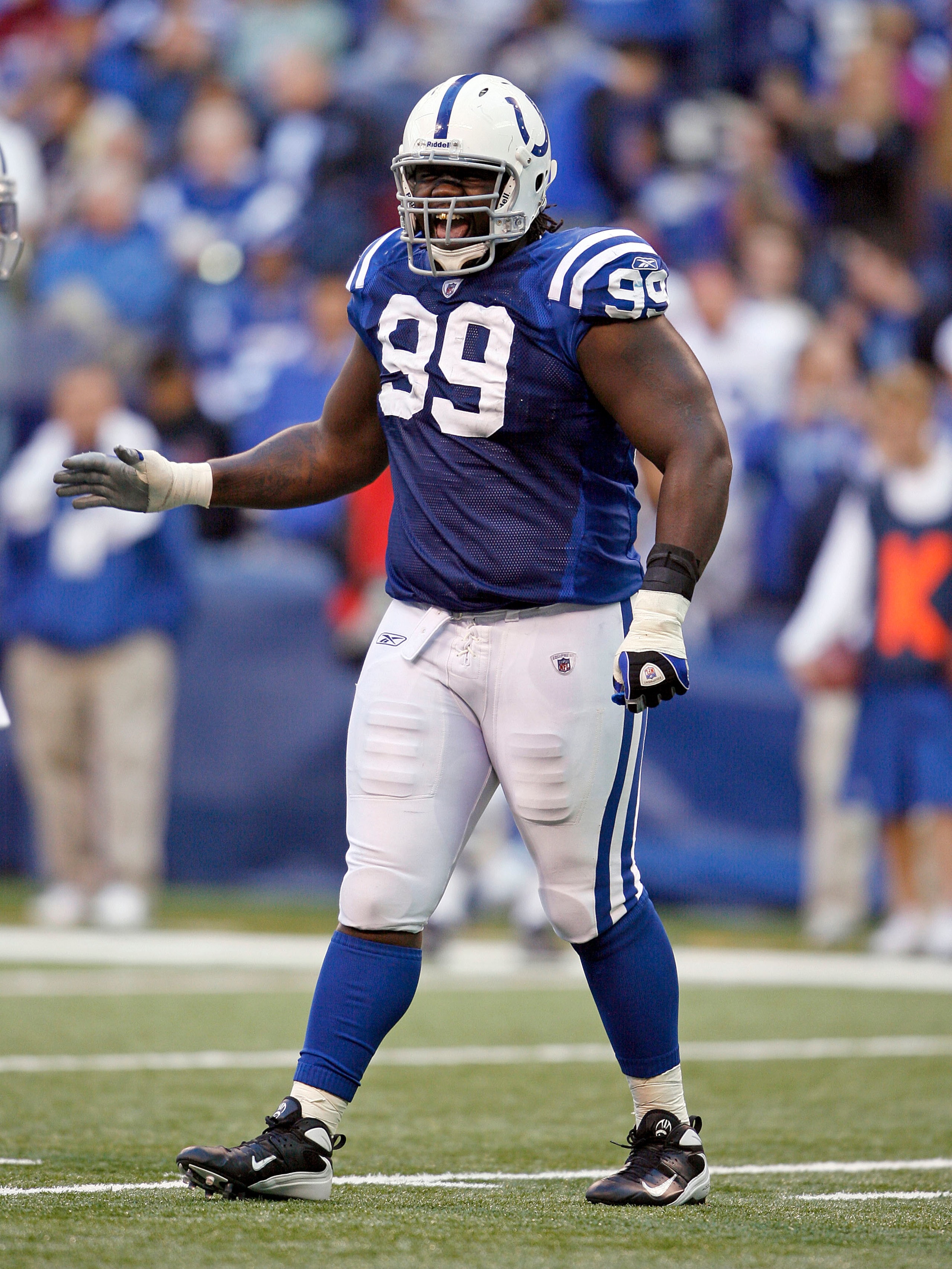 INDIANAPOLIS - NOVEMBER 01:  Antonio Johnson #93 of the Indianapolis Colts celebrates after defensive stop during the NFL game against the San Francisco 49ers at Lucas Oil Stadium on November 1, 2009 in Indianapolis, Indiana. The Colts won 18-14. (Photo b