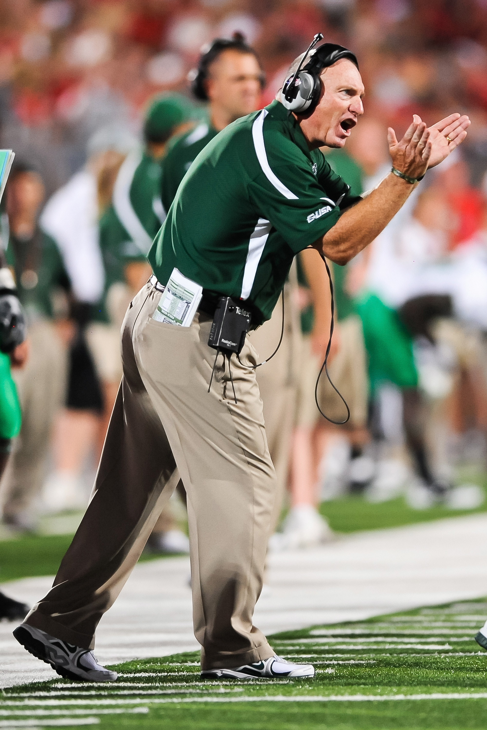 COLUMBUS, OH - SEPTEMBER 2: Head Coach Doc Holliday of the Marshall Thundering Herd encourages his team against the Ohio State Buckeyes at Ohio Stadium on September 2, 2010 in Columbus, Ohio. (Photo by Jamie Sabau/Getty Images)