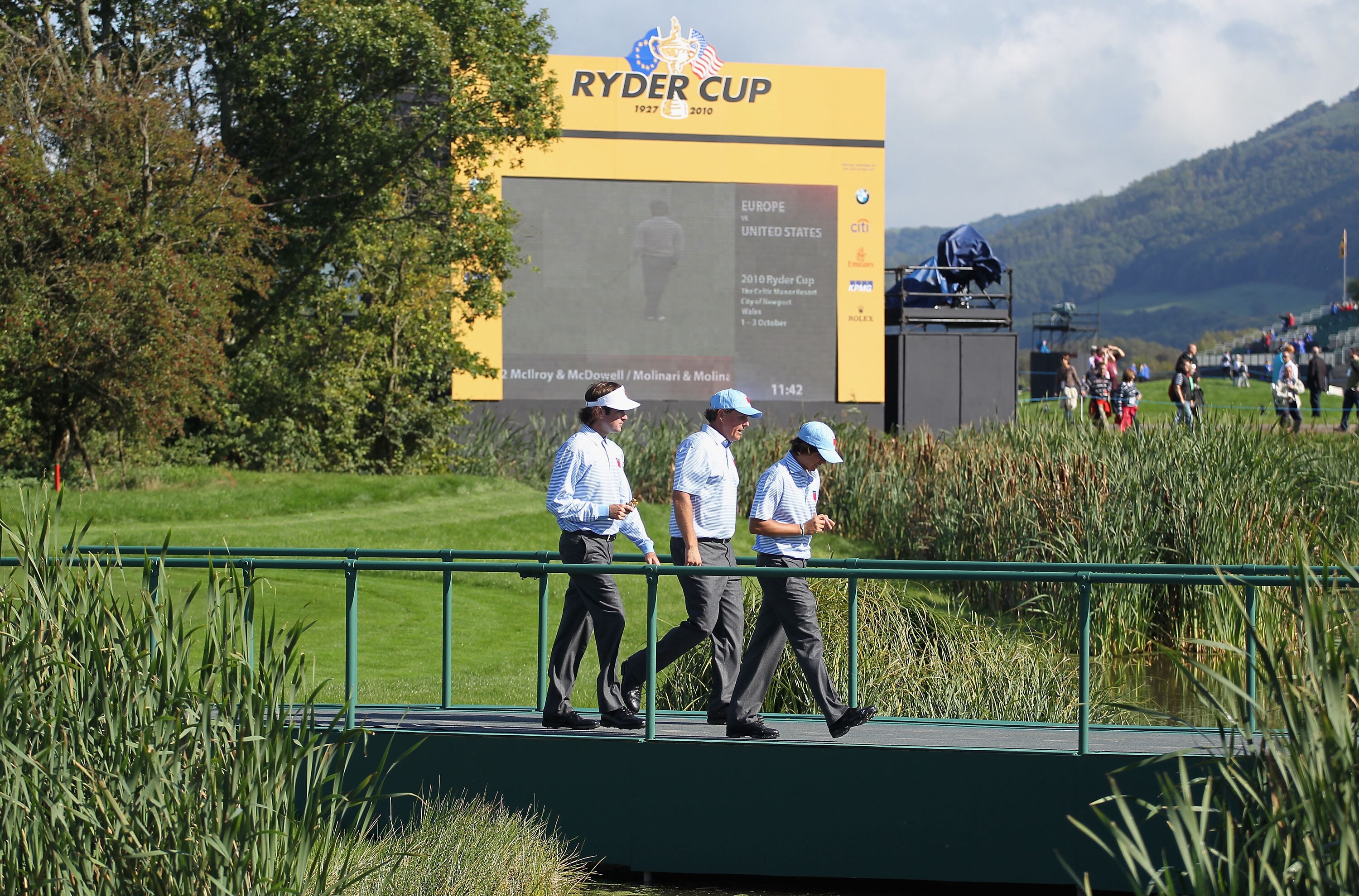 NEWPORT, WALES - SEPTEMBER 28:  (L-R)  Bubba Watson; Phil Mickelson, Rickie Fowler of the USA walk together during a practice round prior to the 2010 Ryder Cup at the Celtic Manor Resort on September 28, 2010 in Newport, Wales.  (Photo by Andy Lyons/Getty