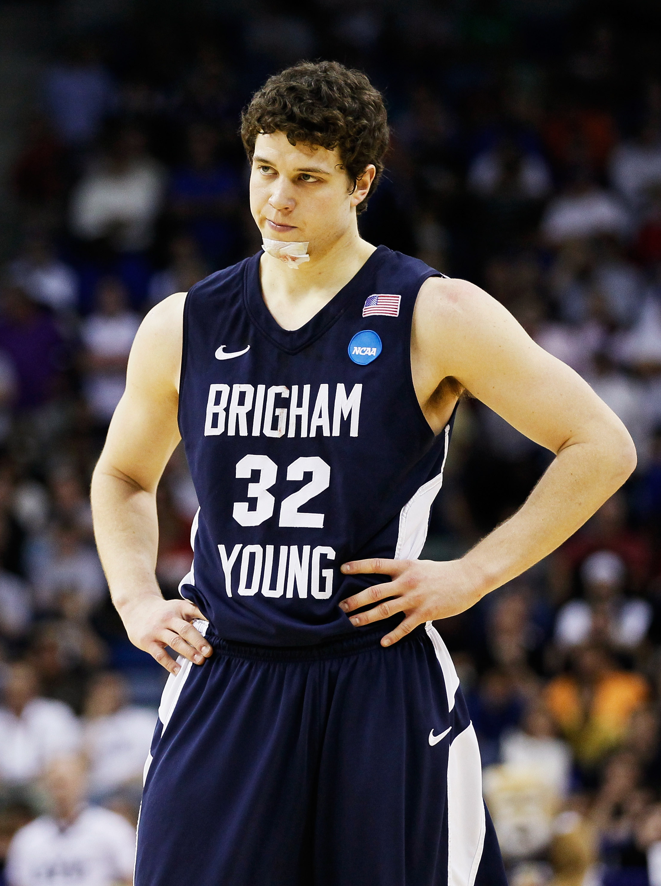 NEW ORLEANS, LA - MARCH 24:  Jimmer Fredette #32 of the Brigham Young Cougars reacts during their 74 to 83 loss to the Florida Gators in the Southeast regional of the 2011 NCAA men's basketball tournament at New Orleans Arena on March 24, 2011 in New Orle