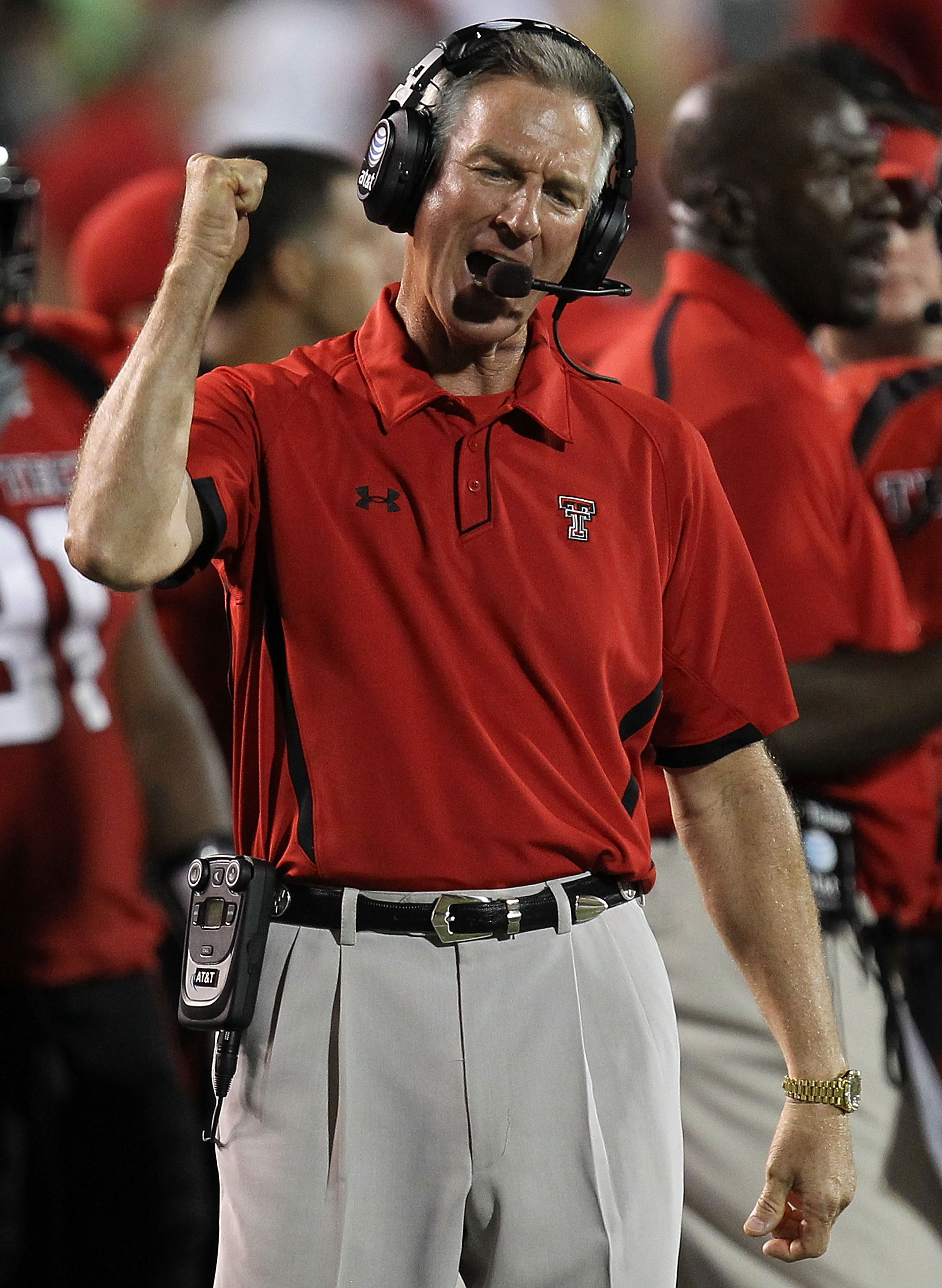 LUBBOCK, TX - SEPTEMBER 18:  Head coach Tommy Tuberville of the Texas Tech Red Raiders reacts on the sidelines during play against the Texas Longhorns at Jones AT&T Stadium on September 18, 2010 in Lubbock, Texas.  (Photo by Ronald Martinez/Getty Images)