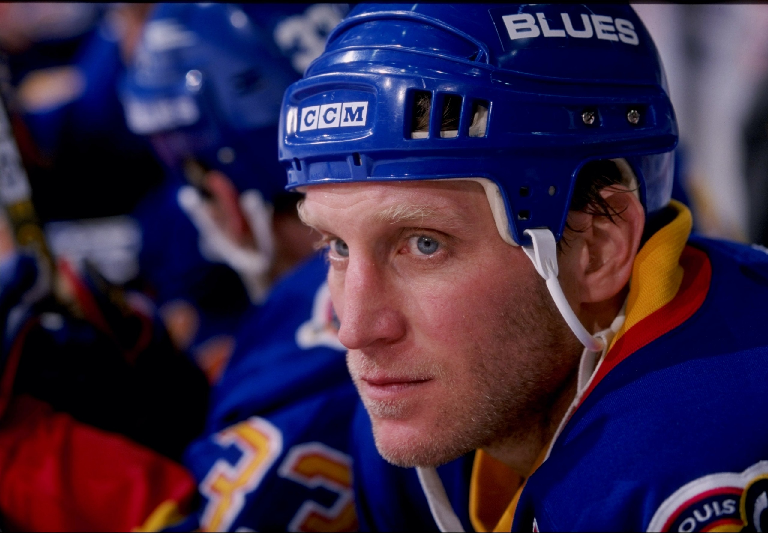 22 Mar 1998:  Rightwinger Brett Hull of the St. Louis Blues in action during a game against the Calgary Flames at the Saddledome in Calgary, Alberta Canada. The Flames defeated the Blues 5-4. Mandatory Credit: Ian Tomlinson  /Allsport
