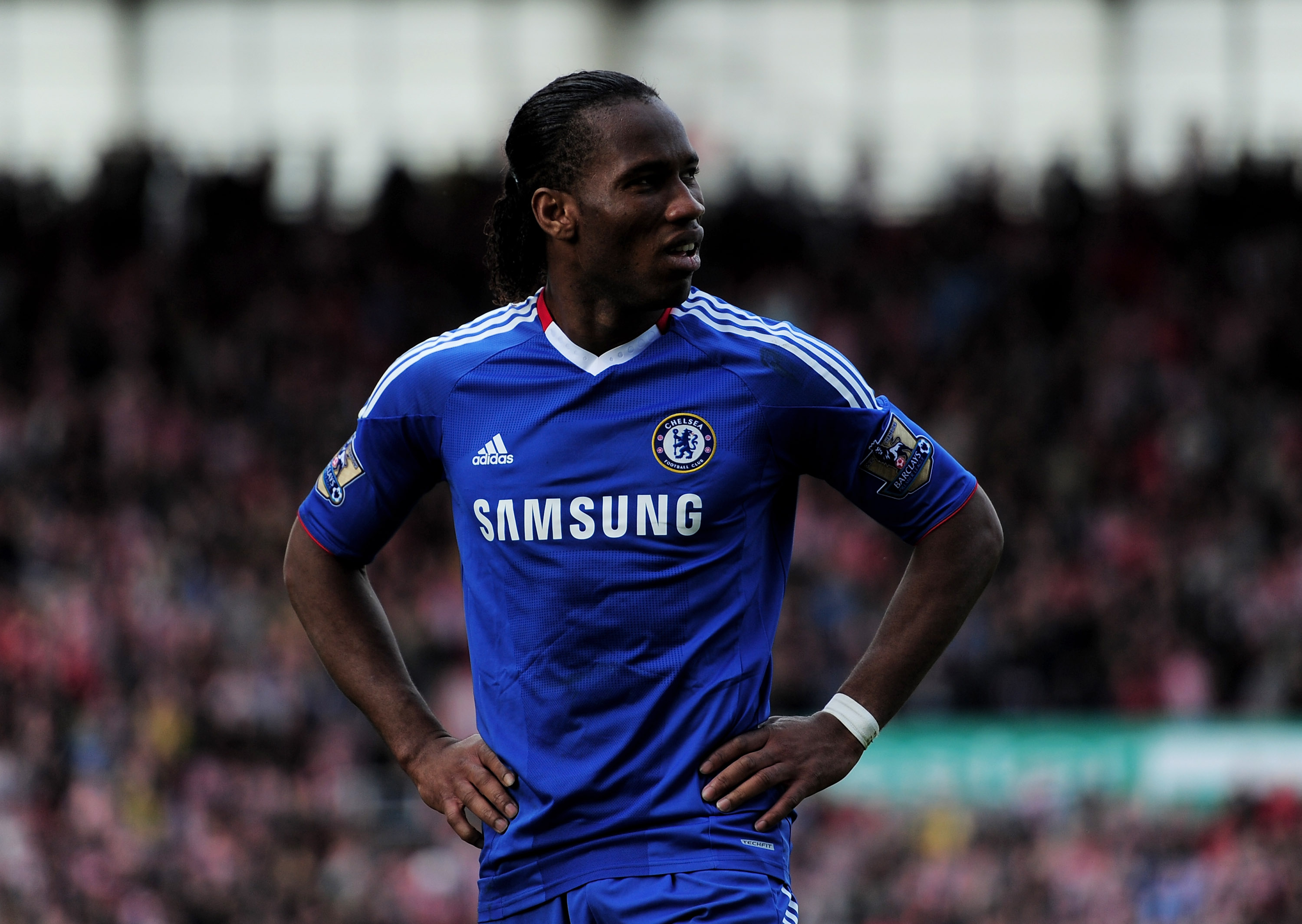 STOKE ON TRENT, ENGLAND - APRIL 02:  Didier Drogba of Chelsea reacts to a missed chance during the Barclays Premier League match between Stoke City and Chelsea at the Britannia Stadium on April 2, 2011 in Stoke on Trent, England.  (Photo by Jamie McDonald