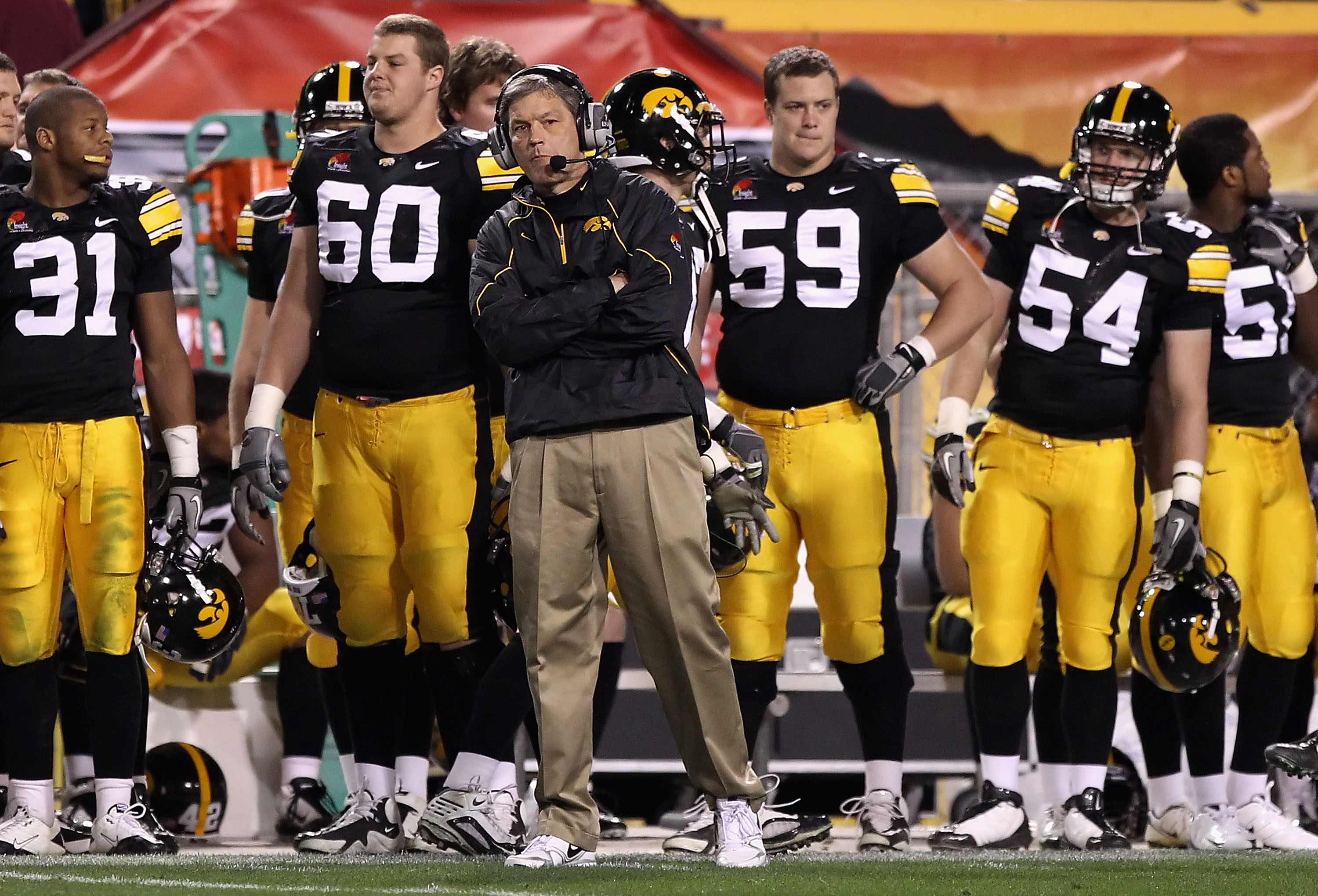 TEMPE, AZ - DECEMBER 28:  Head coach Kirk Ferentz of the Iowa Hawkeyes during the Insight Bowl against the Missouri Tigers at Sun Devil Stadium on December 28, 2010 in Tempe, Arizona.  The Hawkeyes defeated the Tigers 27-24.  (Photo by Christian Petersen/