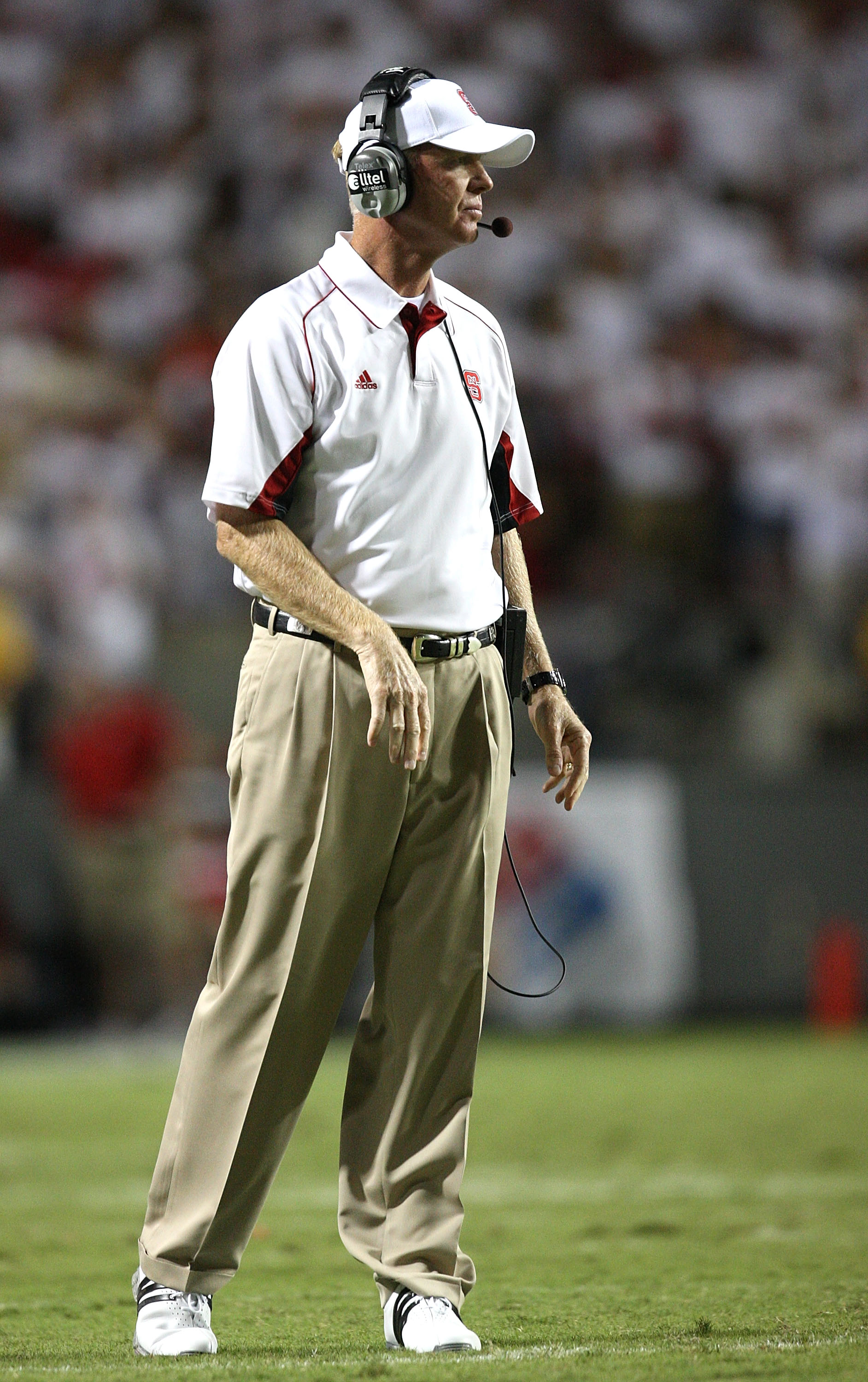 RALEIGH, NC - SEPTEMBER 3: Head coach Tom O'Brien of the North Carolina State Wolfpack watches on from the sidelines during their game against the South Carolina Gamecocks at Carter-Finley Stadium on September 3, 2009 in Raleigh, North Carolina.  (Photo b