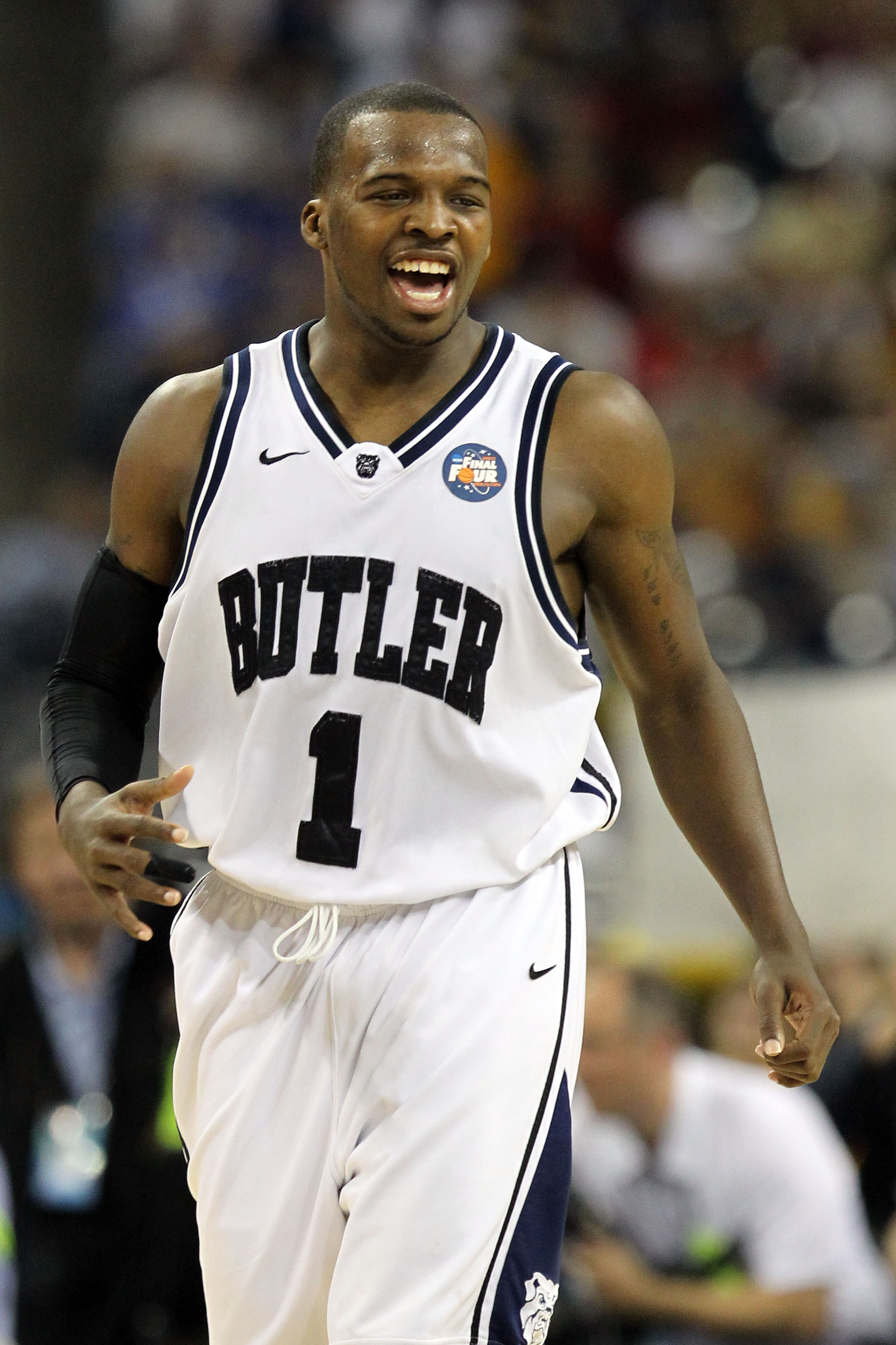 HOUSTON, TX - APRIL 02: Shelvin Mack #1 of the Butler Bulldogs reacts against the Virginia Commonwealth Rams during the National Semifinal game of the 2011 NCAA Division I Men's Basketball Championship at Reliant Stadium on April 2, 2011 in Houston, Texa